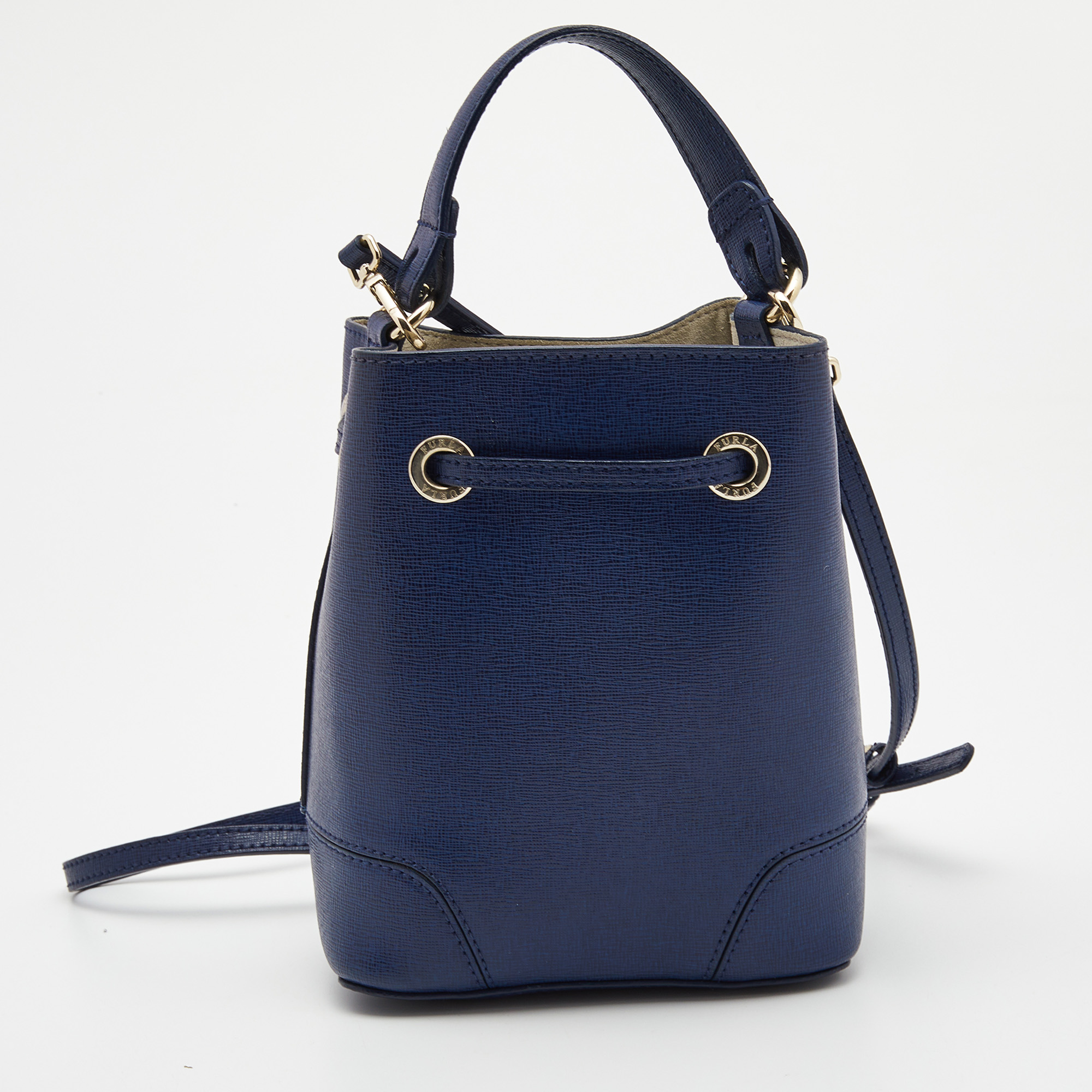 Furla Blue Leather Mini Stacy Drawstring Bucket Bag