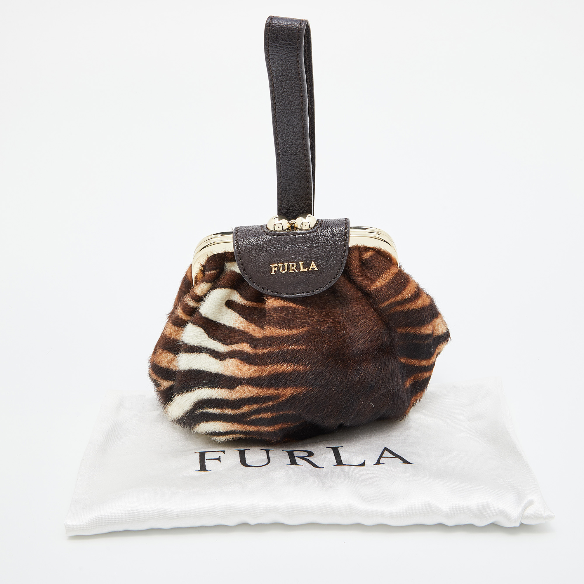 Furla Brown Calfhair And Leather Frame Wristlet Pouch