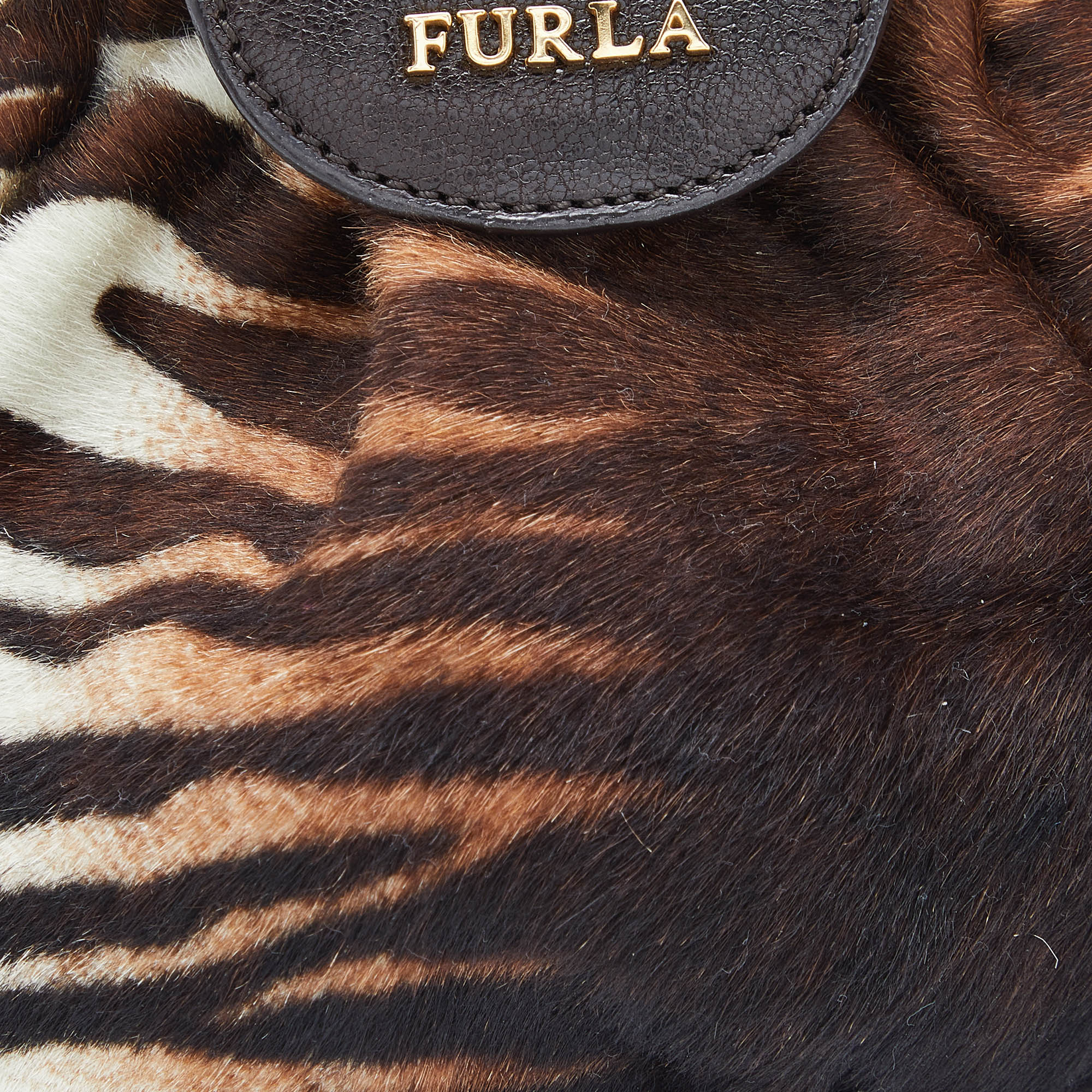 Furla Brown Calfhair And Leather Frame Wristlet Pouch