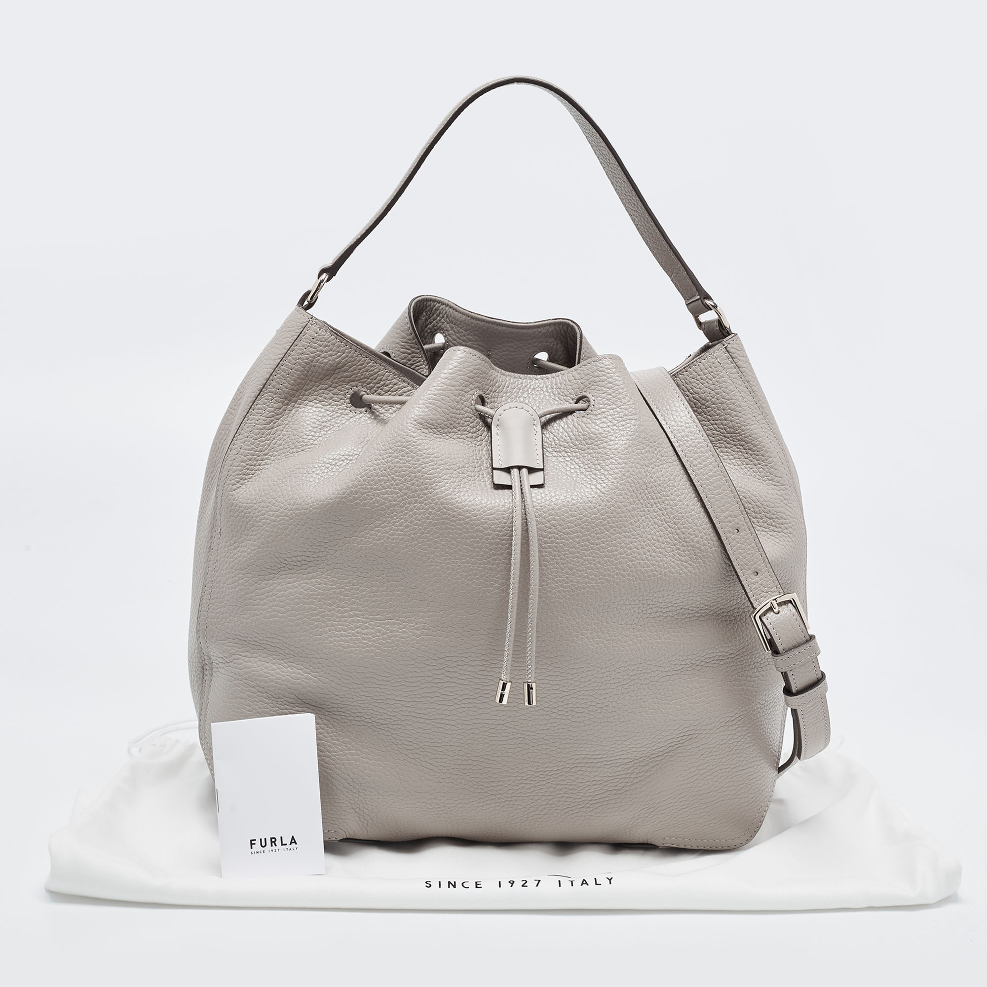 Furla Grey Leather Atena Drawstring Bucket Bag