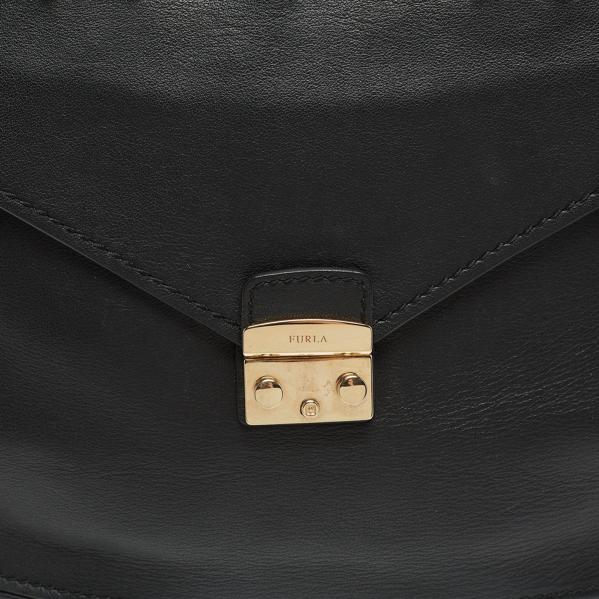 Furla Black Leather Front Pocket Dome Satchel