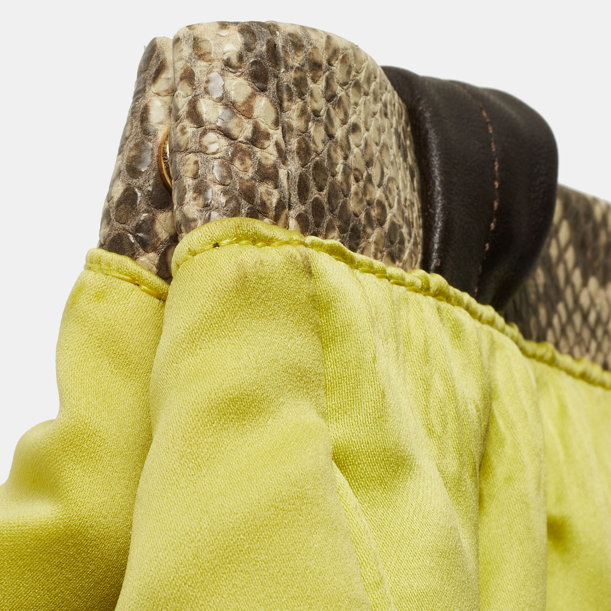 Furla Neon Yellow/Brown Satin And Snakeskin Embossed Leather Tote