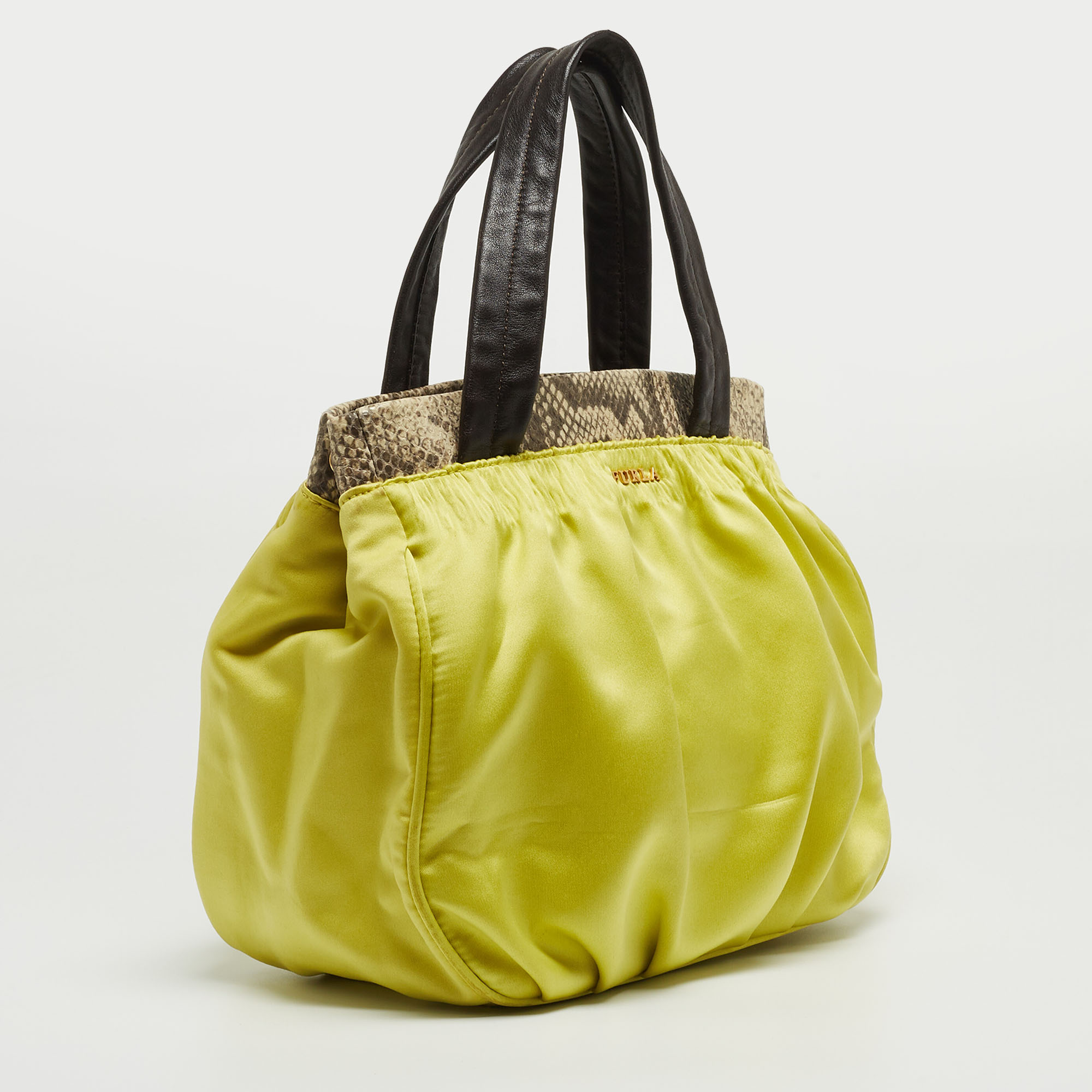 Furla Neon Yellow/Brown Satin And Snakeskin Embossed Leather Tote
