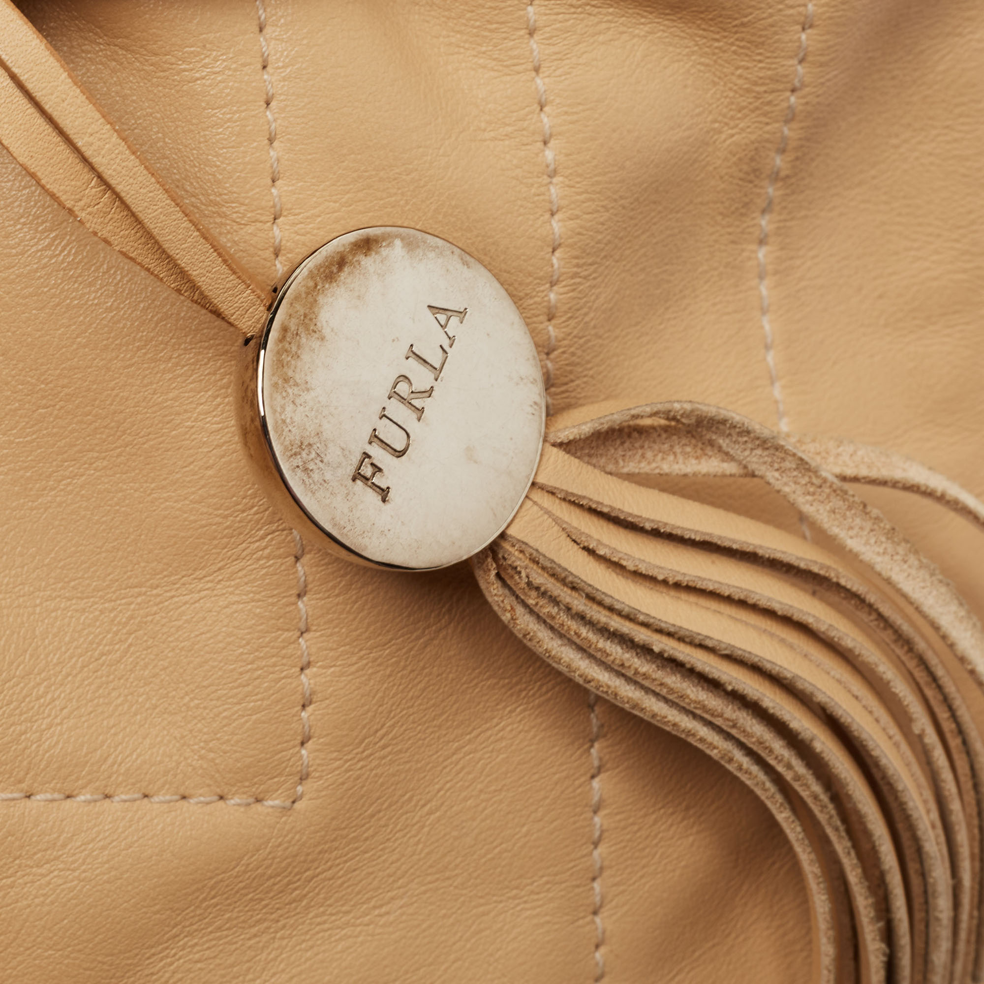 Furla Beige Leather Drawstring Metal Handle Shoulder Bag