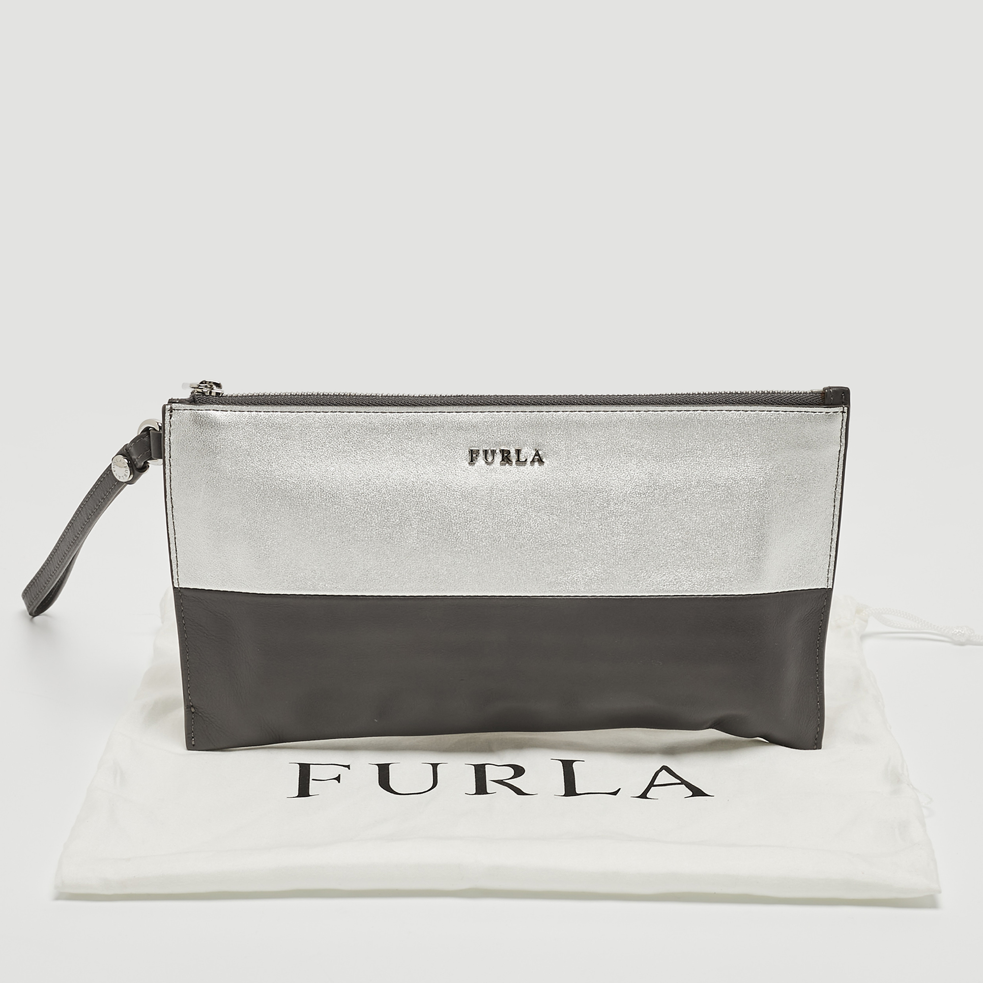 Furla Grey/Silver Leather Zip Wristlet Pouch