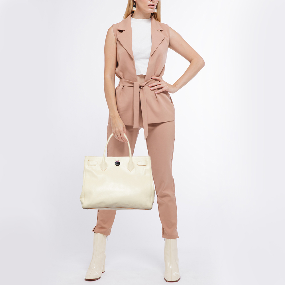 Furla Cream Leather Twist Lock Tote