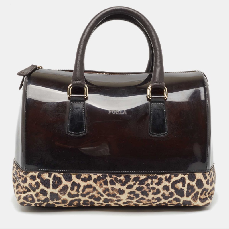 Furla dark brown/beige rubber and leopard print leather medium candy satchel