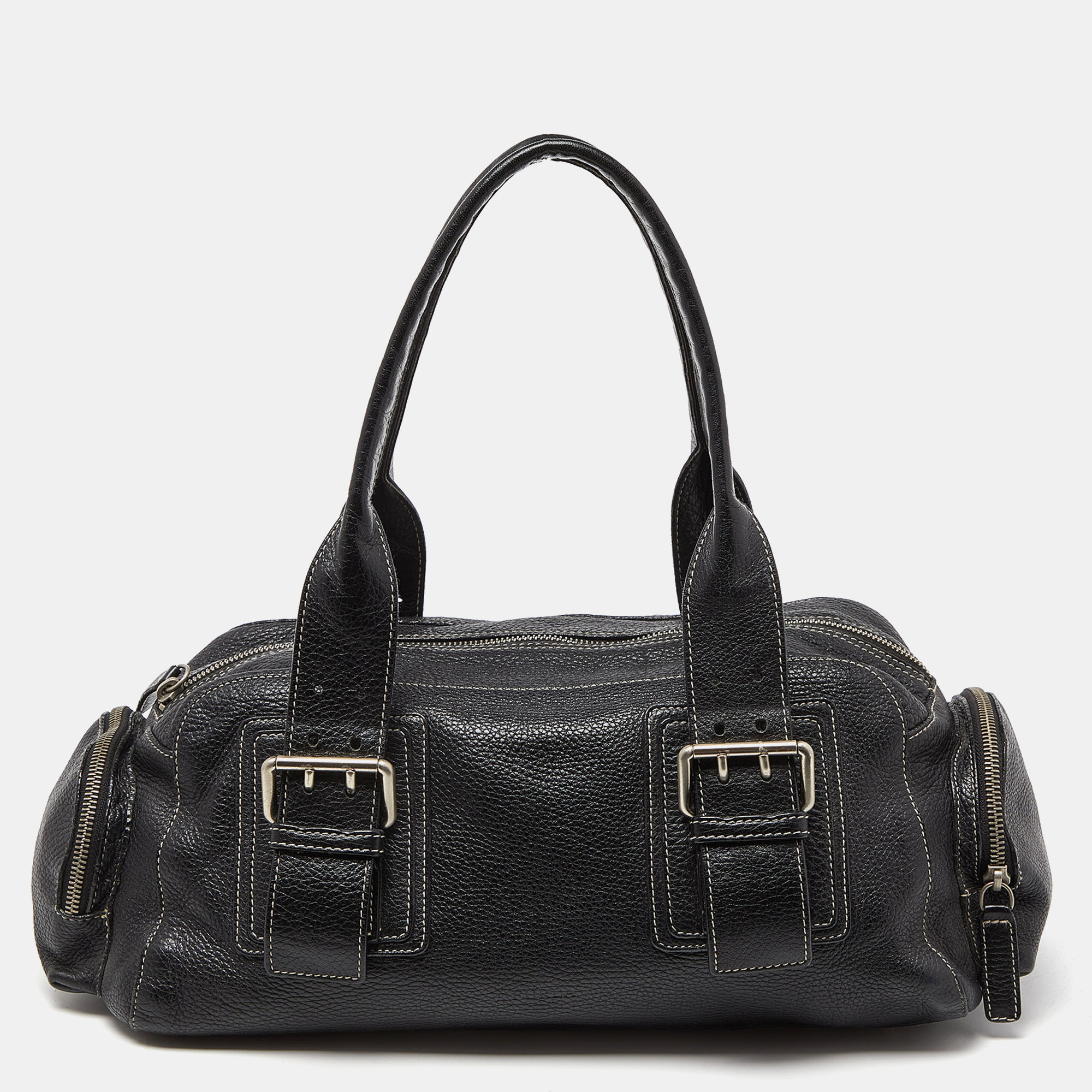 Furla black leather buckle satchel