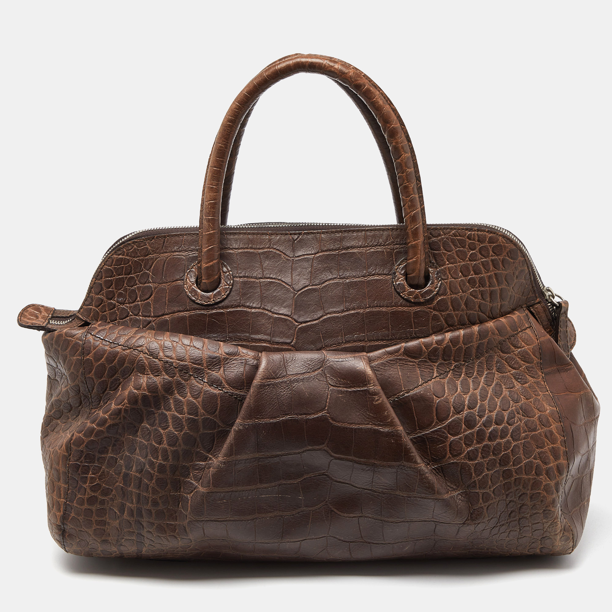 Furla brown croc embossed leather satchel