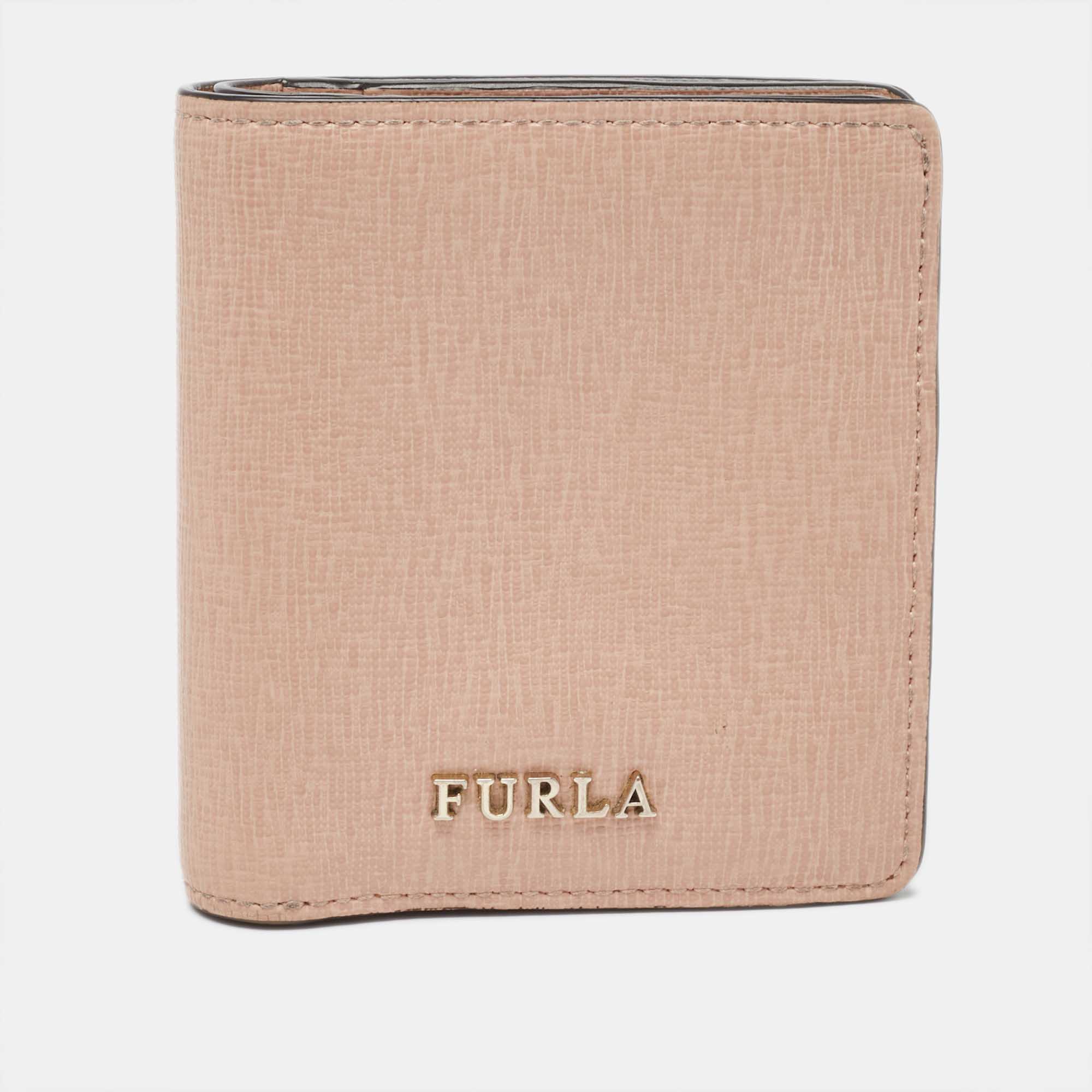 Furla light pink leather logo bifold wallet
