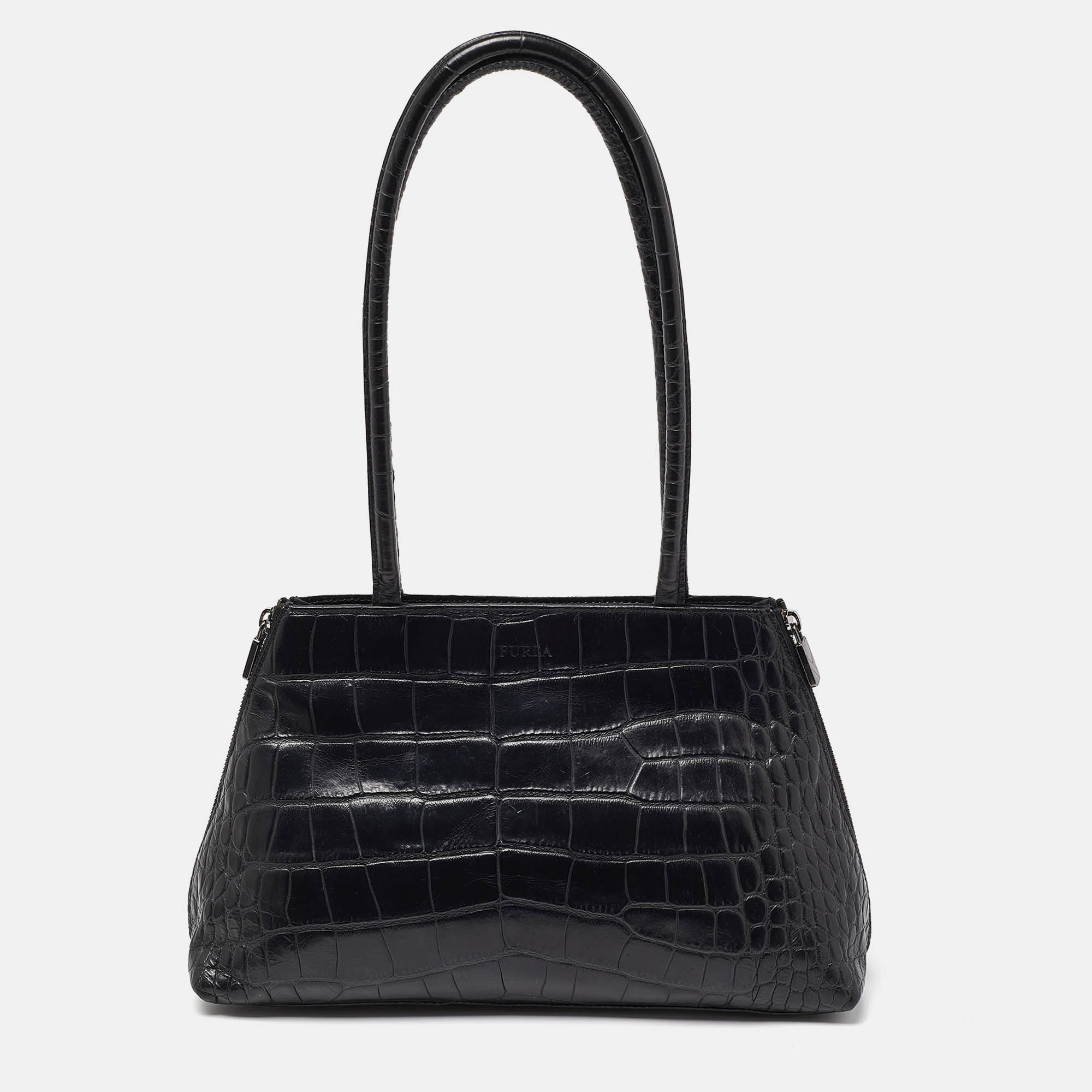 Furla black croc embossed leather vintage shoulder bag