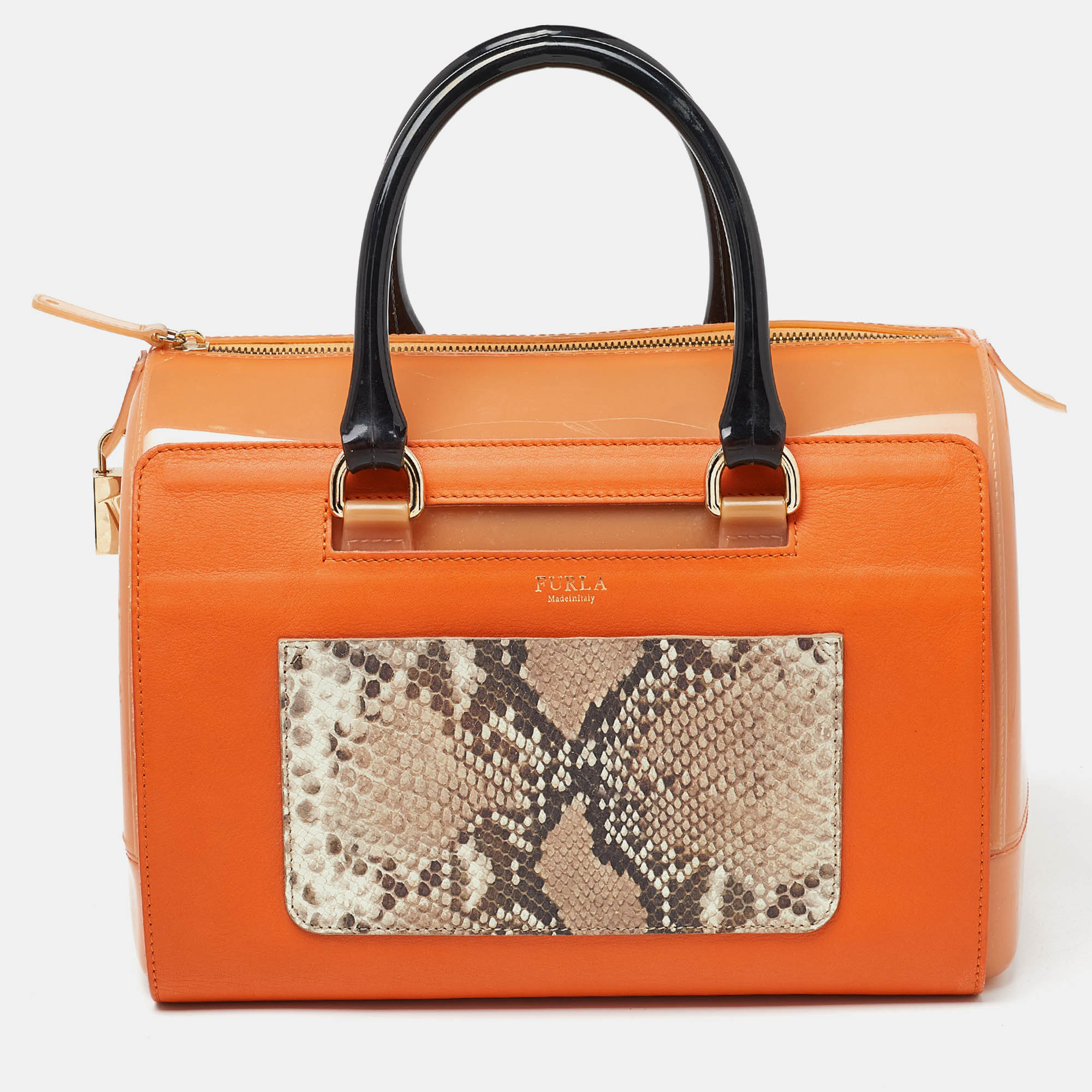 Furla orange/brown rubber and snakeskin embossed leather candy satchel