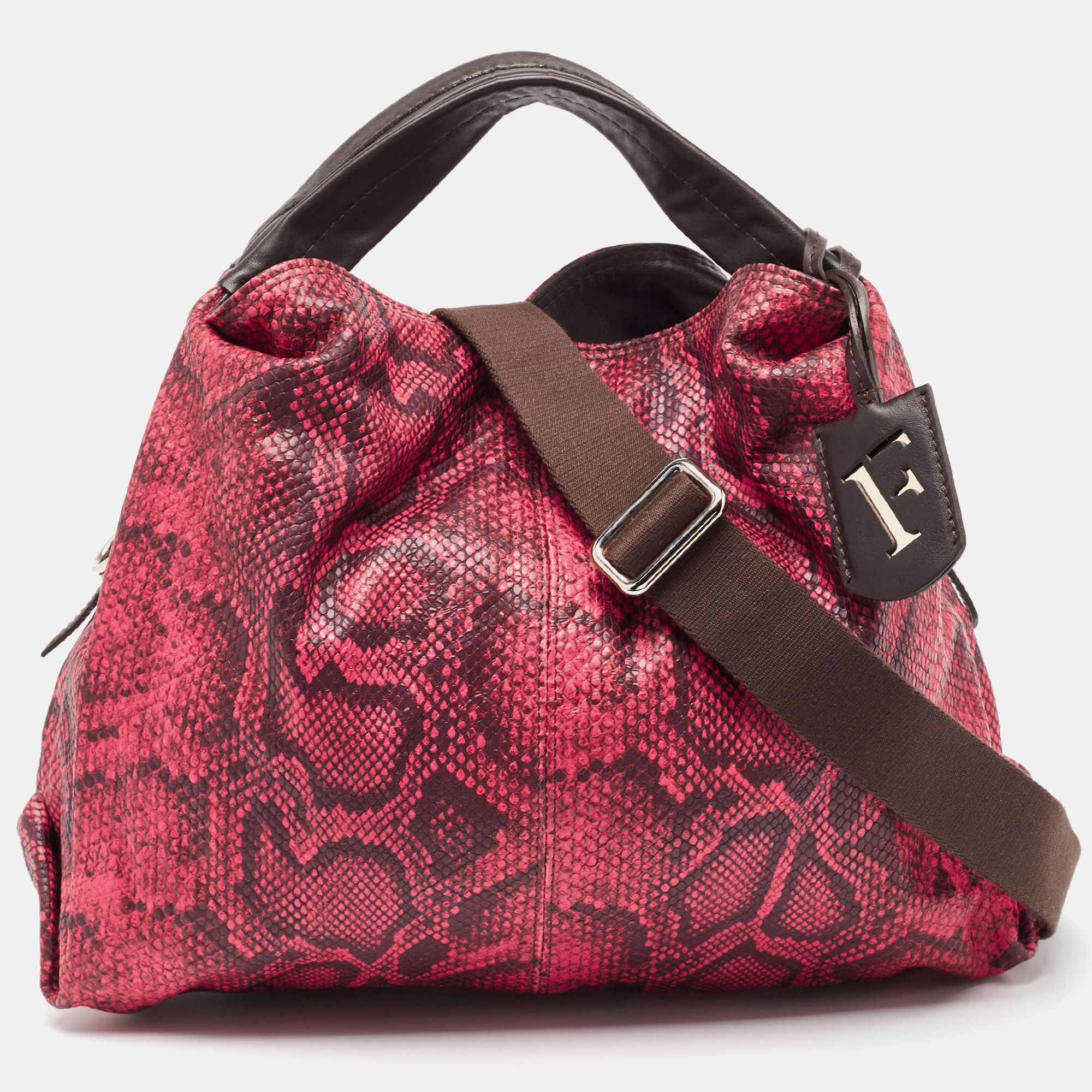 Furla red/brown python embossed and leather hobo