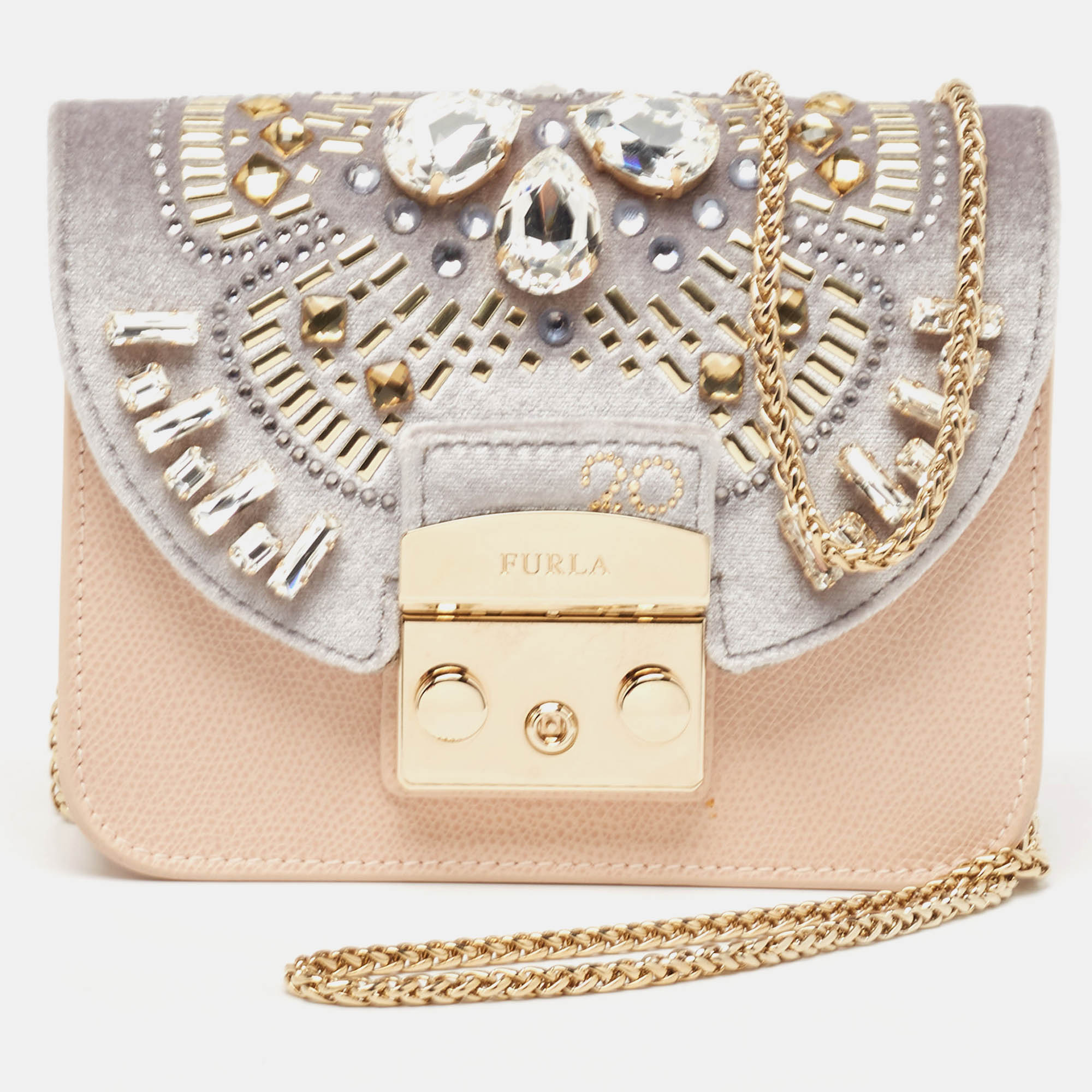 Furla peach/grey leather and velvet crystal embellished mini metropolis crossbody bag