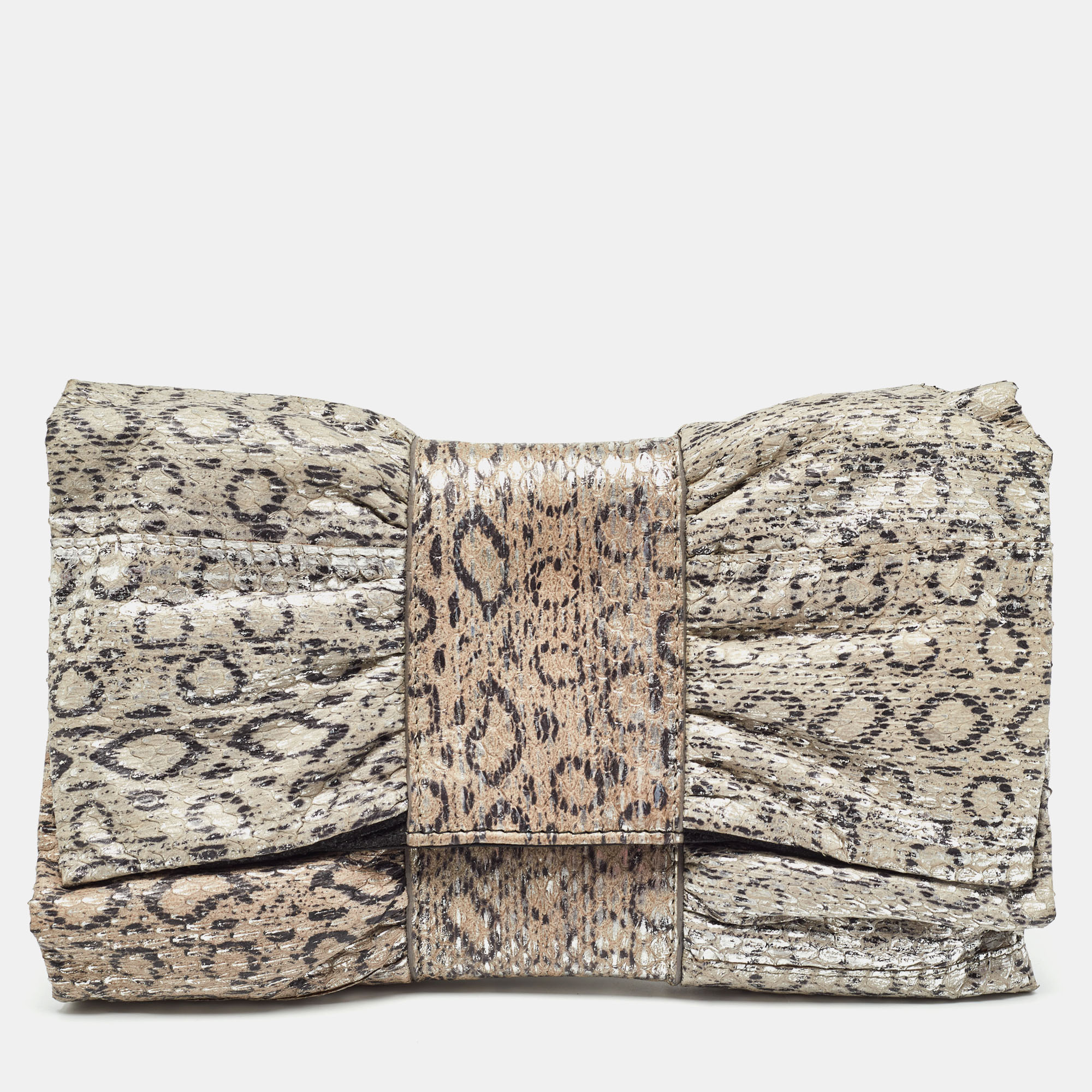 Furla grey/silver snakeskin embossed leather bow clutch