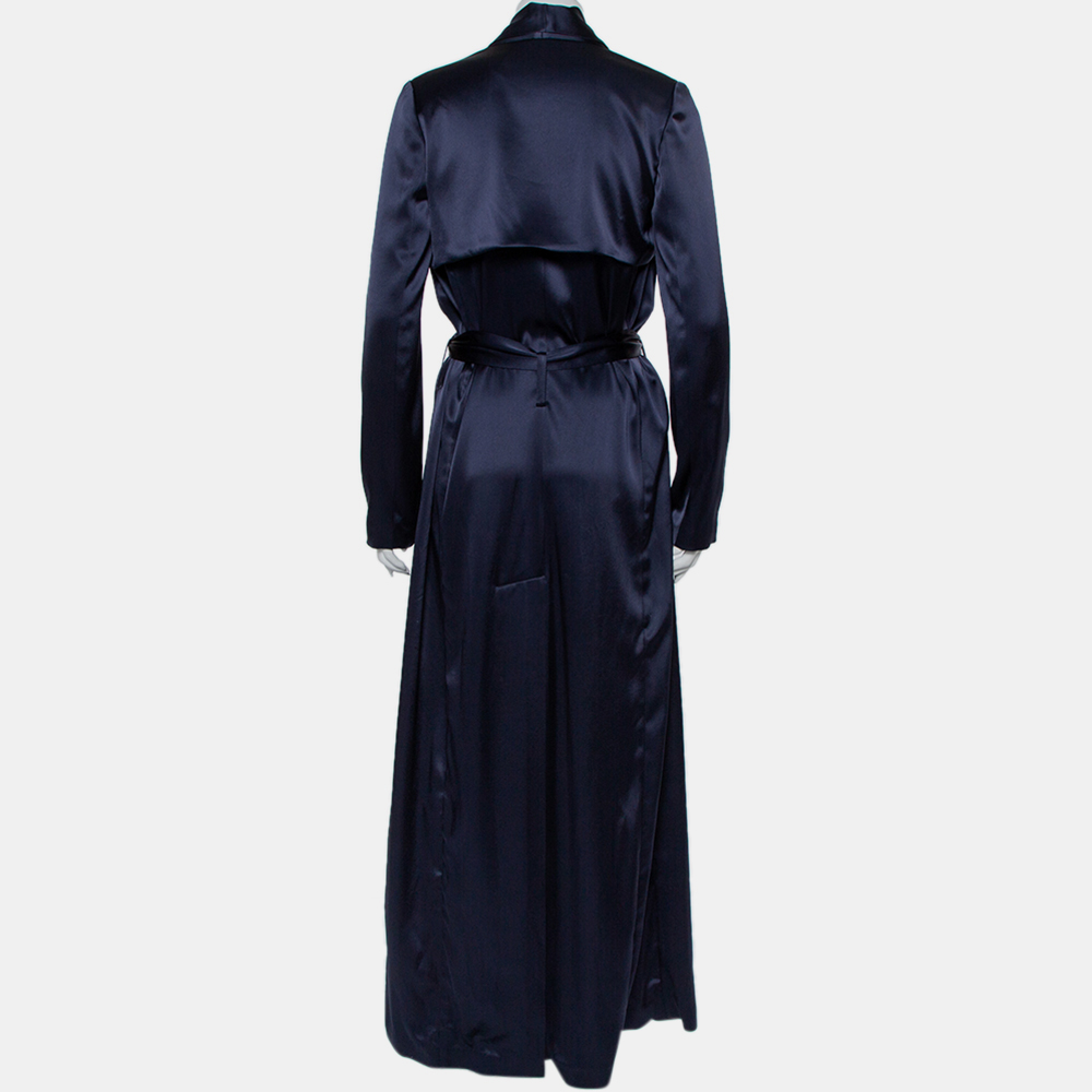 Galvan London Midnight Blue Satin Belted Trench Coat S