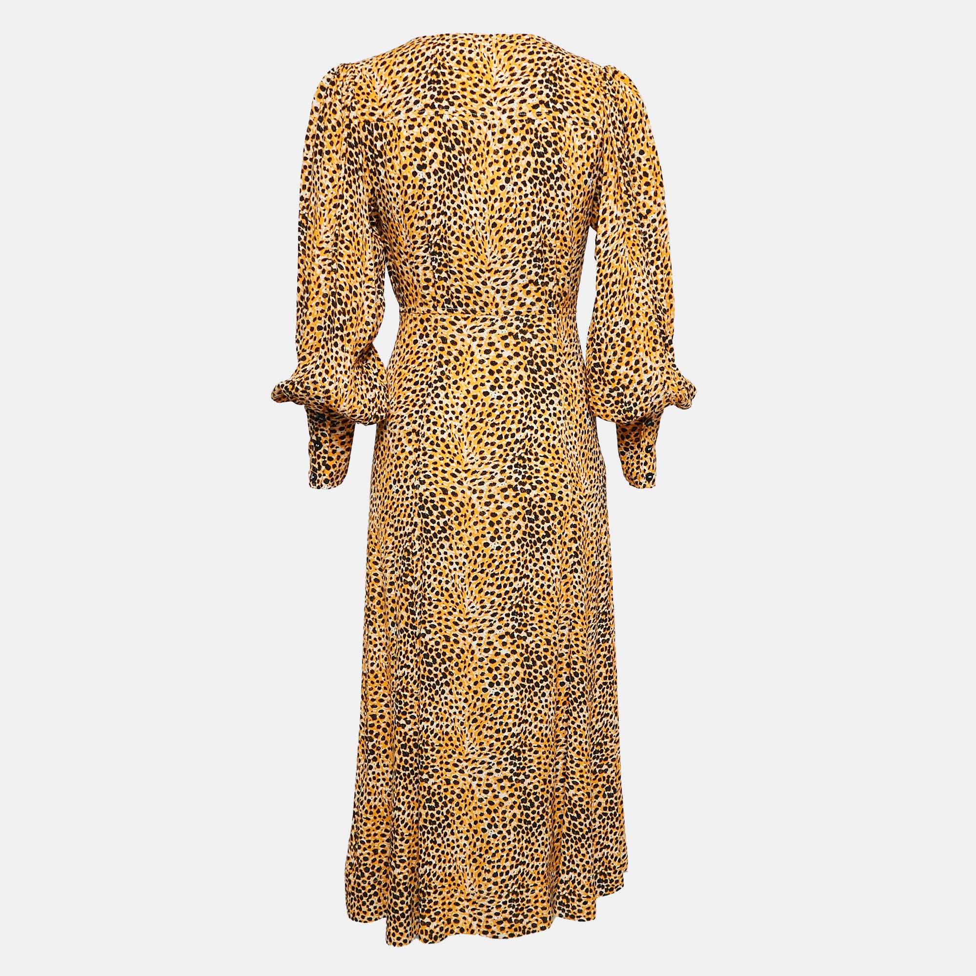 Ganni Yellow Leopard Print Crepe Buttoned Midi Dress S