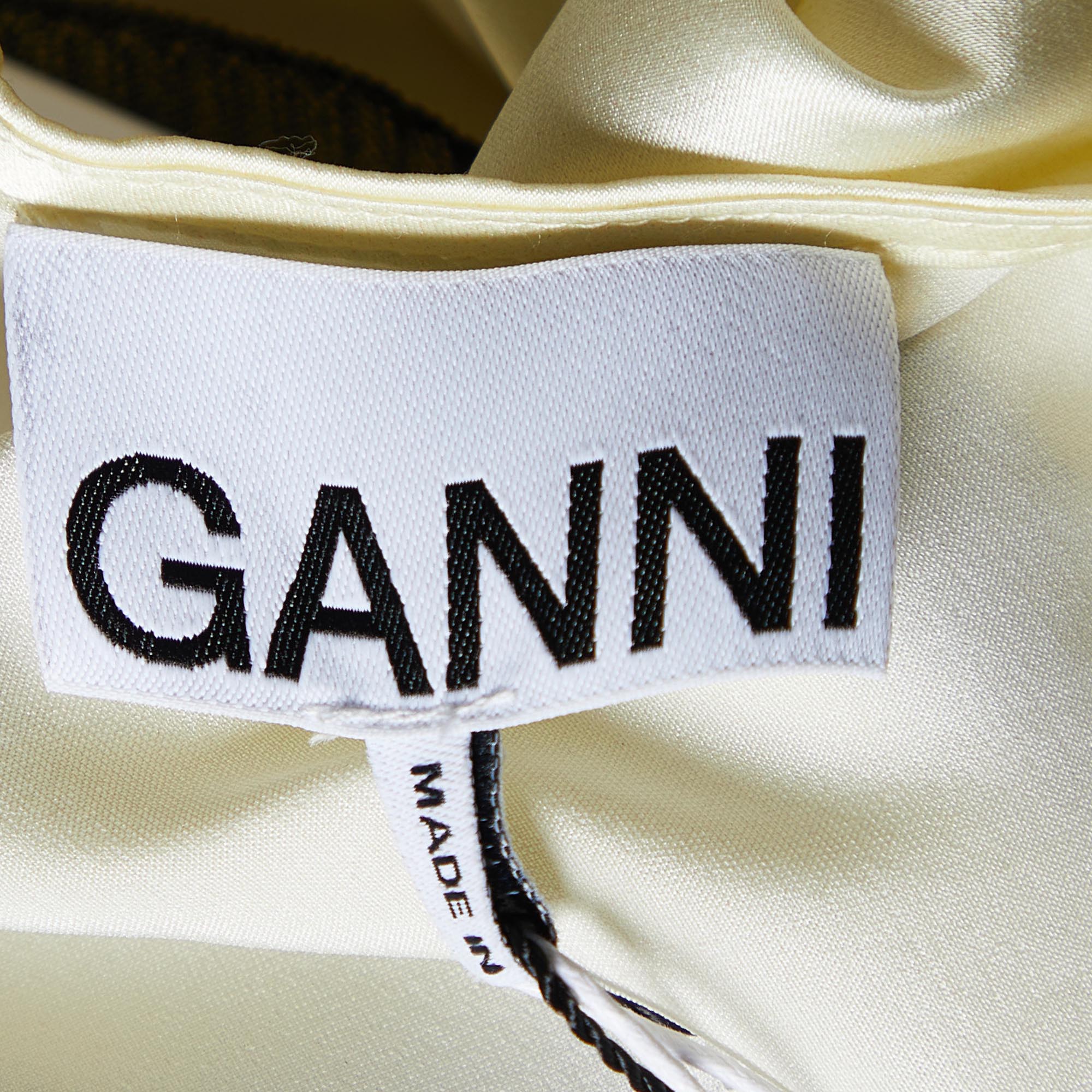 Ganni Yellow Printed Silk Satin Lace Trim Slited Maxi Dress M
