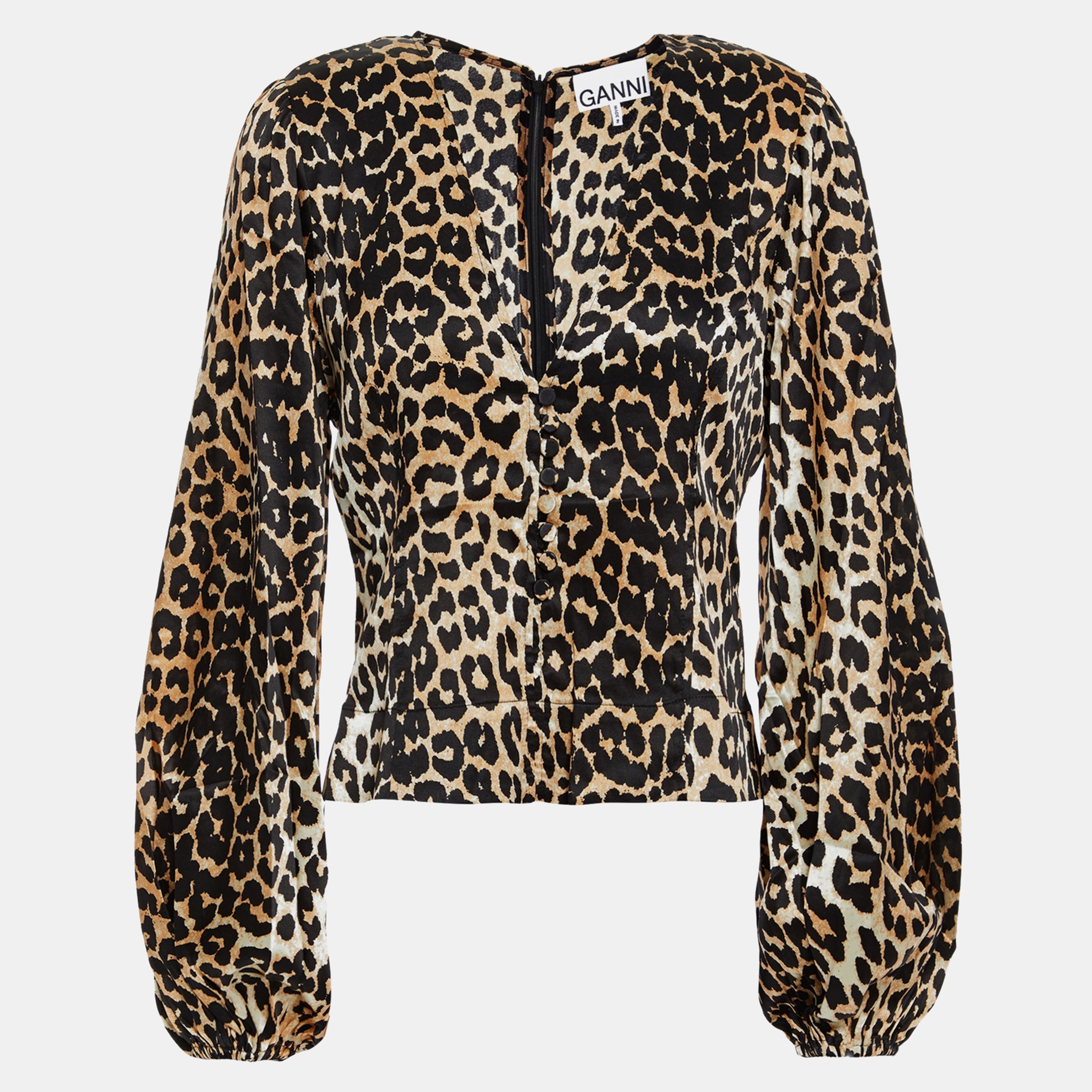 Ganni beige leopard print silk long sleeve top s (eu 36)