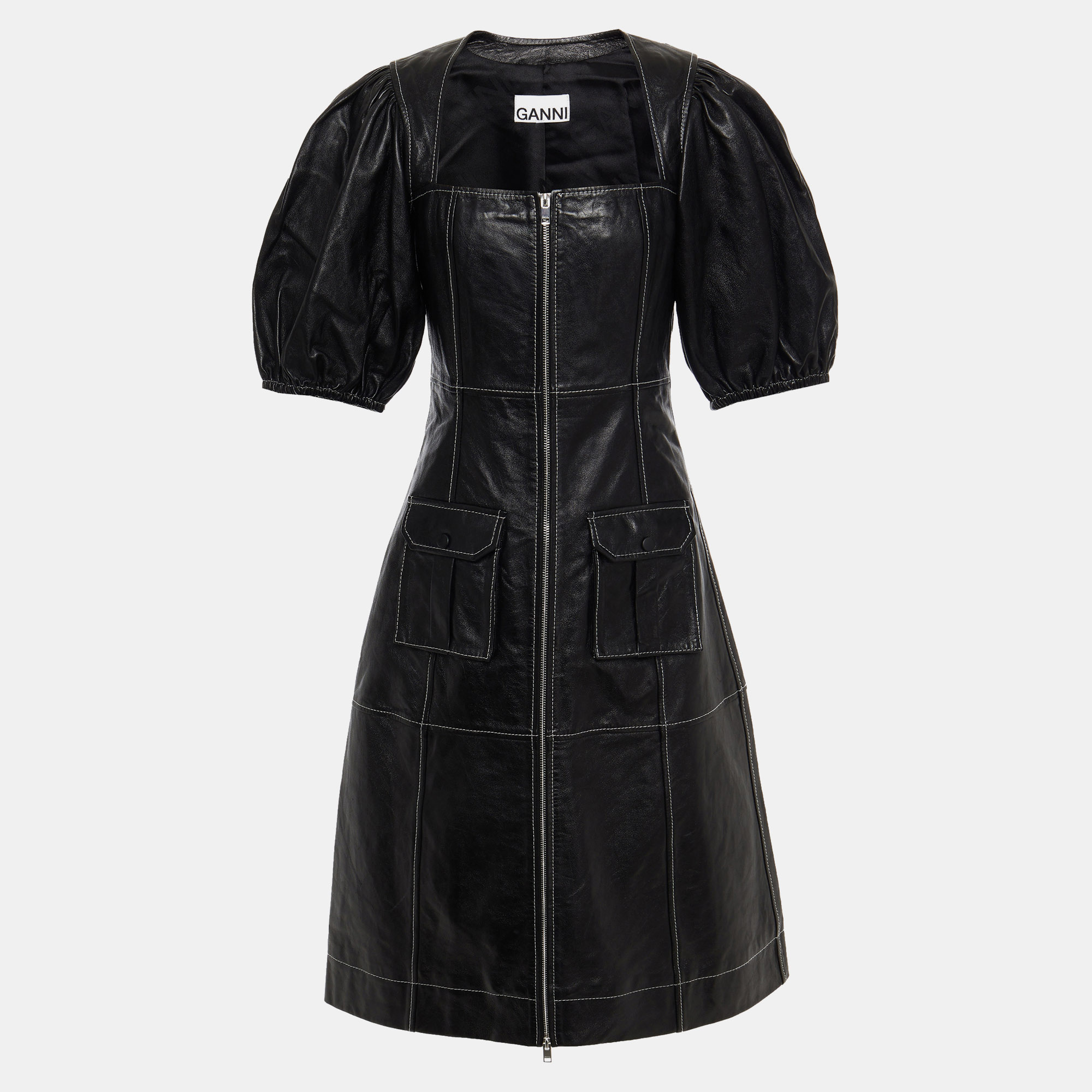 Ganni black leather midi dress s (eu 36)