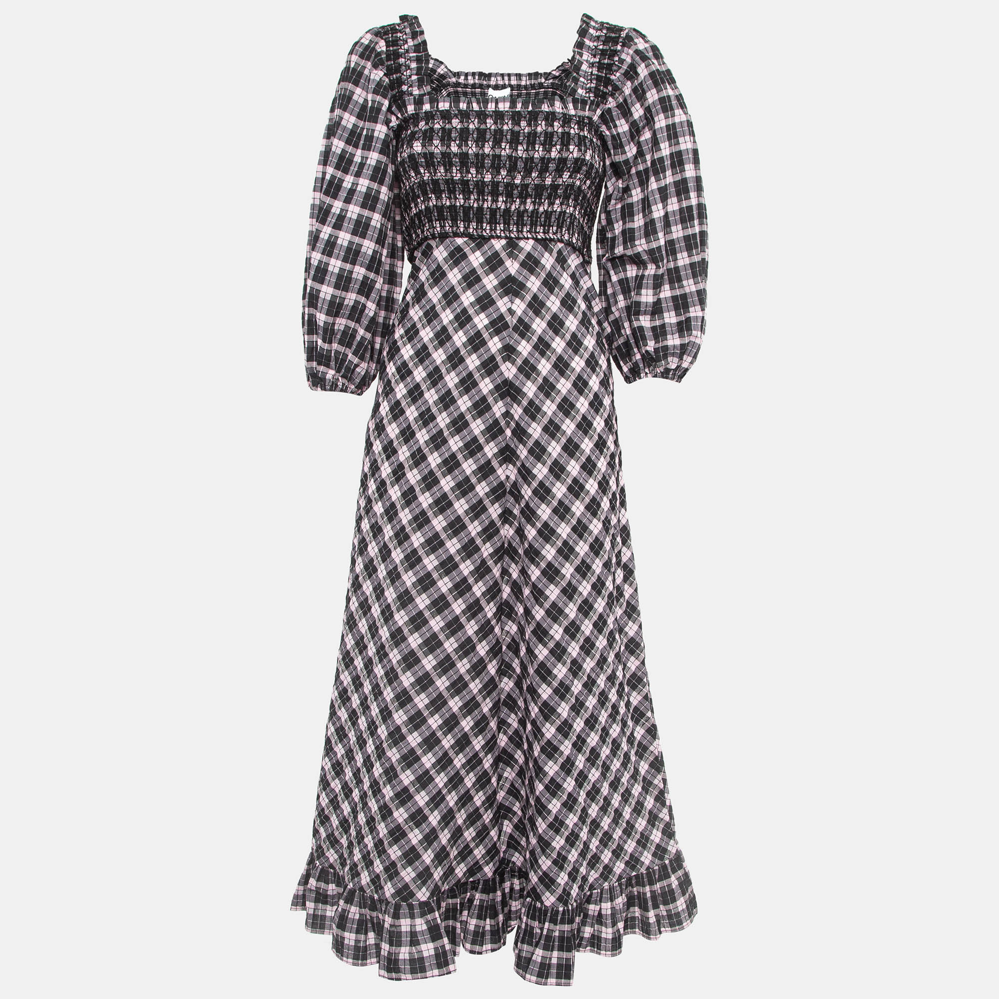 Ganni black/sweet lilac checked cotton blend smocked seersucker maxi dress xs