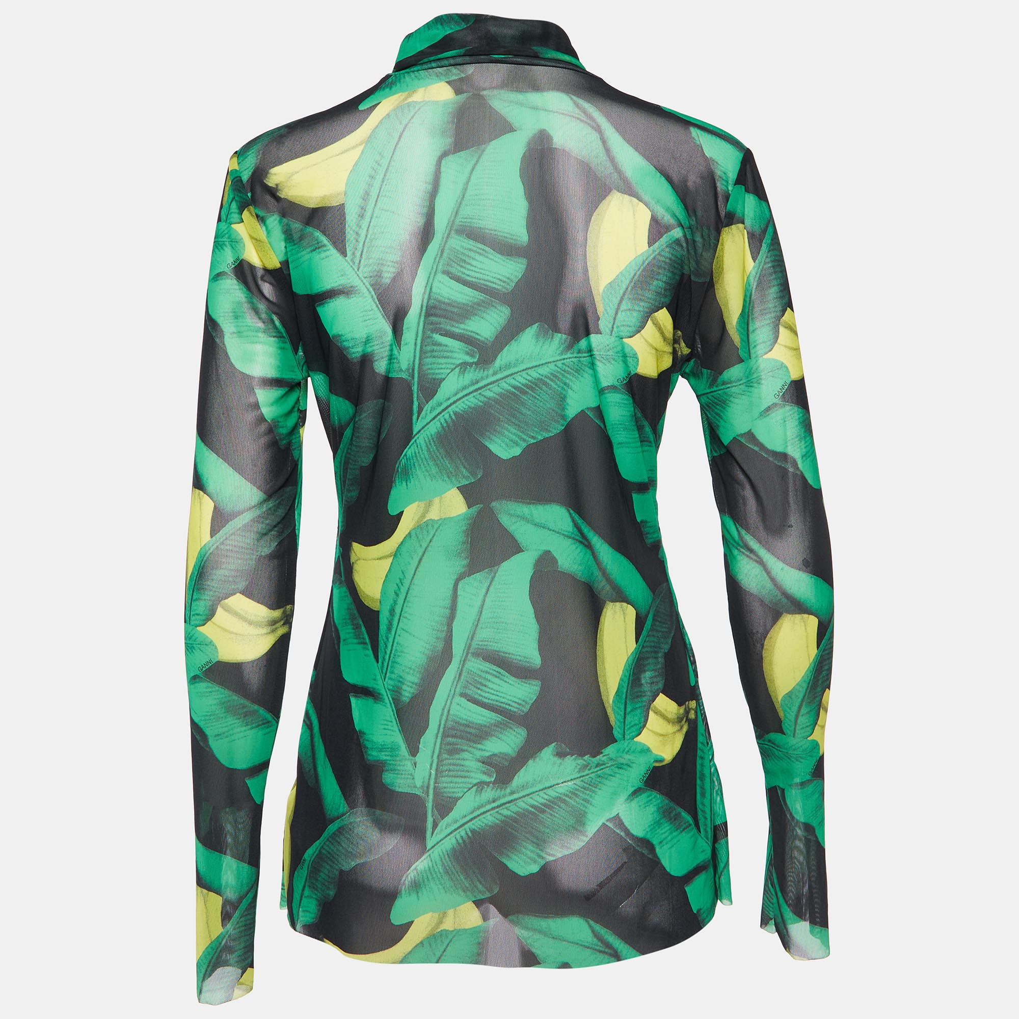 Ganni Green Banana Print Mesh Turtle Neck Top L