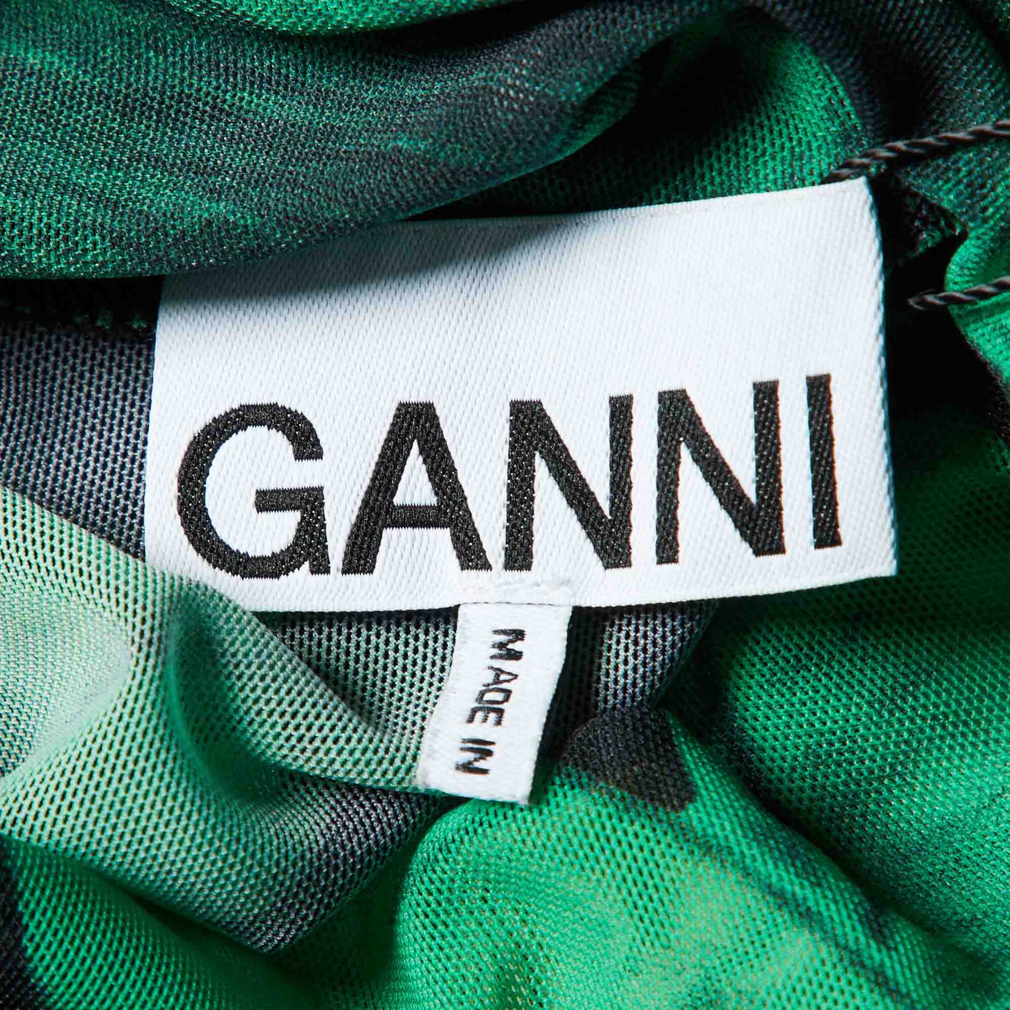 Ganni Green Banana Print Mesh Turtle Neck Top L