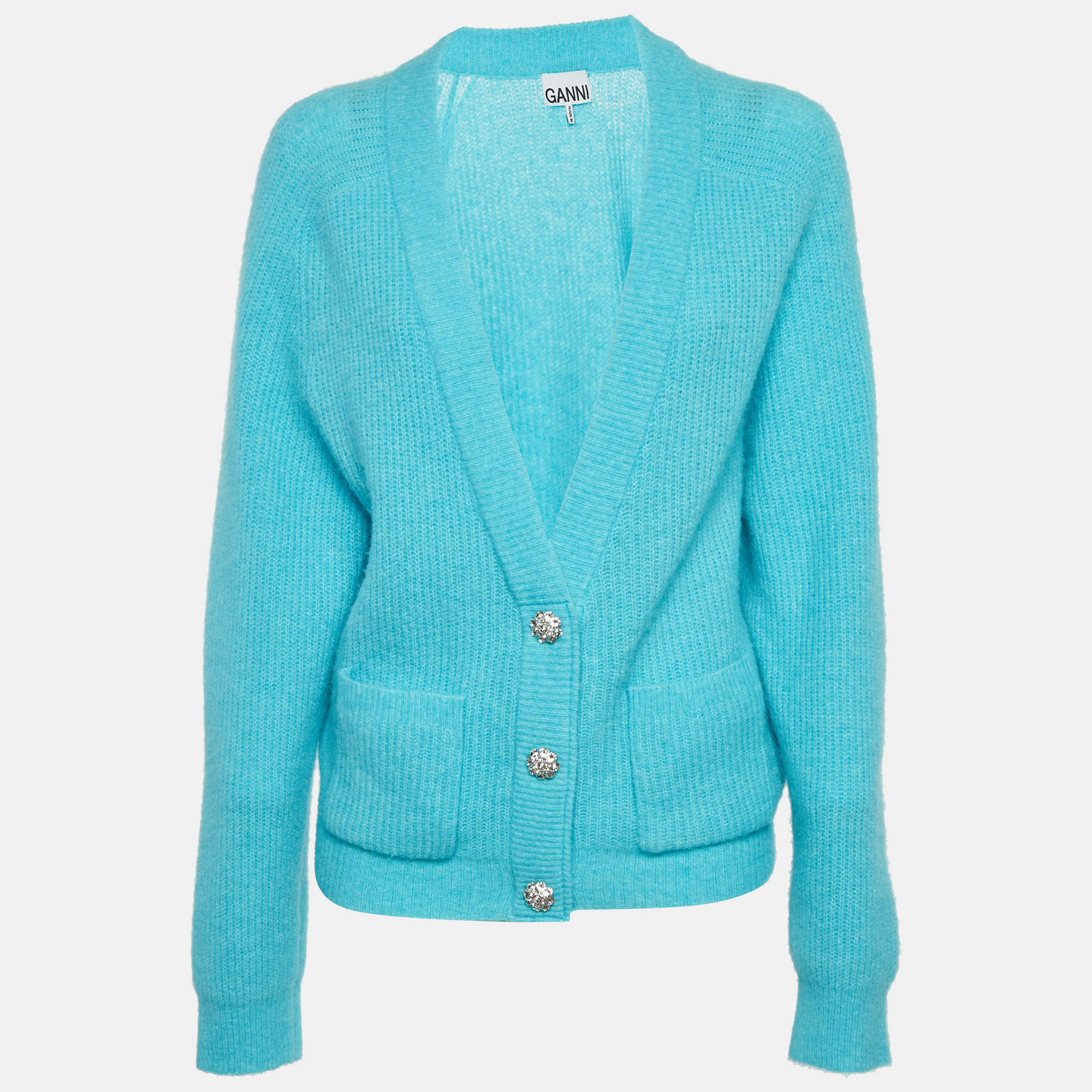 Ganni Sky Blue Rib Knit Embellished Cardigan L
Ganni Sky Blue Rib Knit Embellished Cardigan L