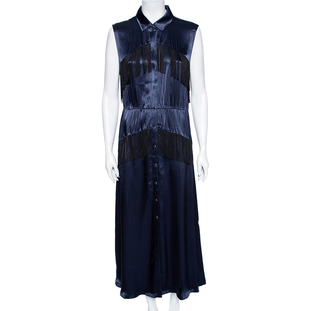 Ganni Navy Blue Sateen Fringed Donnelly Maxi Dress L