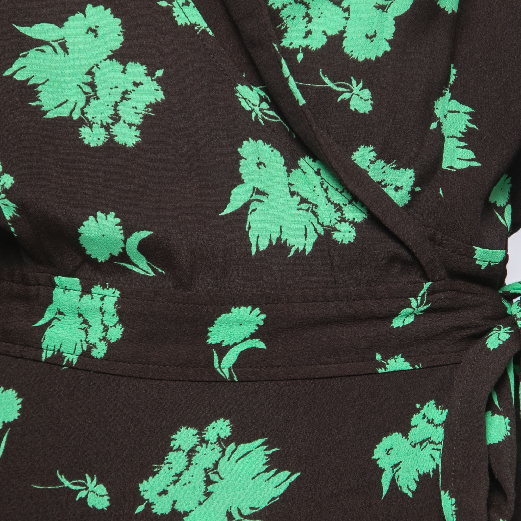 Ganni Brown Floral Print Crepe Long Sleeve Wrap On Midi Dress M