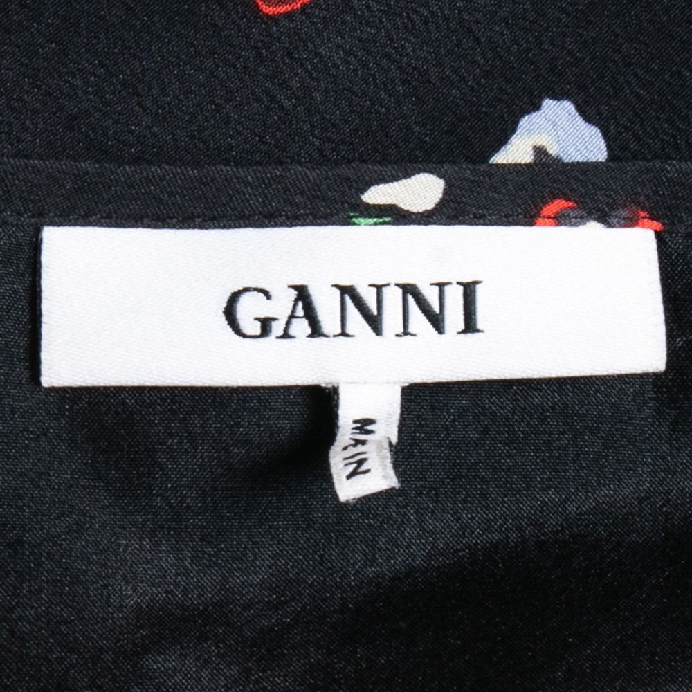Ganni Black Print Silk Nolana Wrap On Midi Skirt L