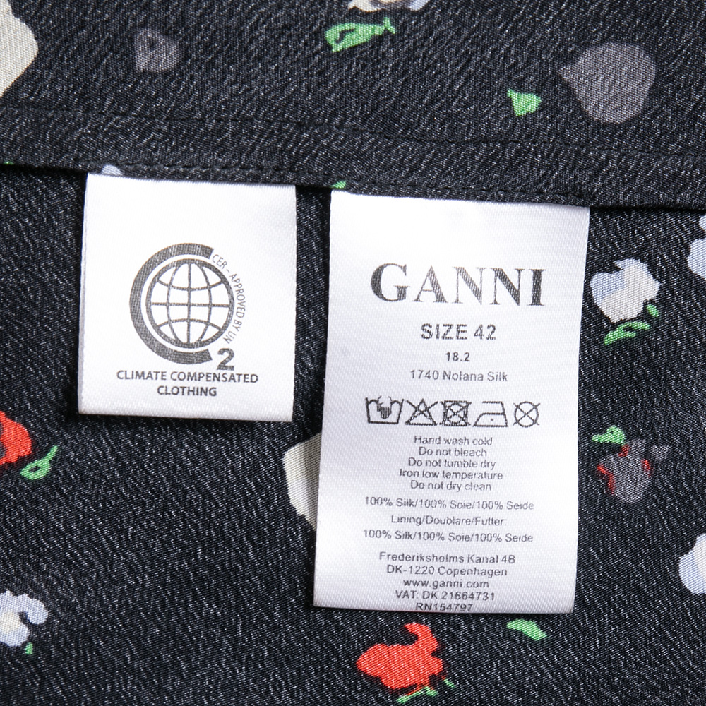 Ganni Black Print Silk Nolana Wrap On Midi Skirt L