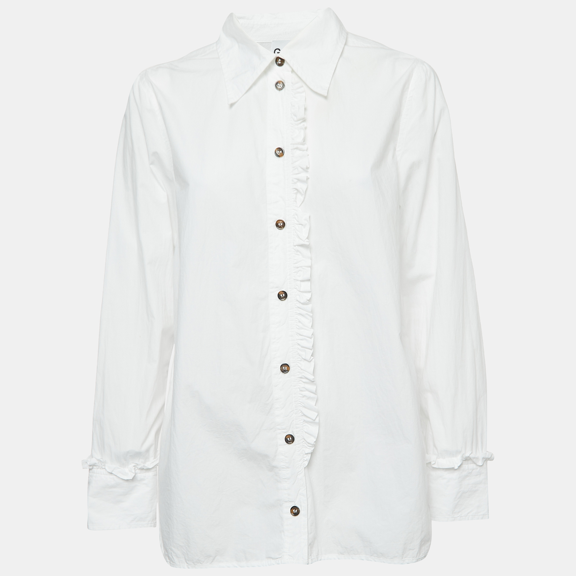 Ganni White Cotton Ruffled Button Front Shirt Blouse S