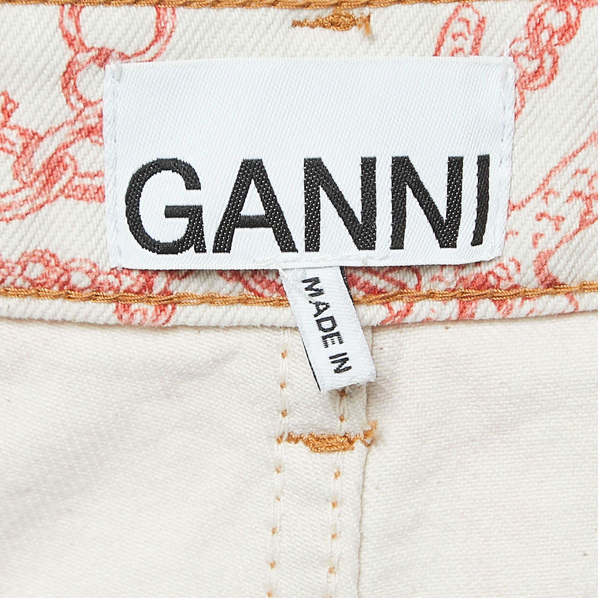 Ganni Off White Chain Print Denim Wide Leg Jeans S Waist 26