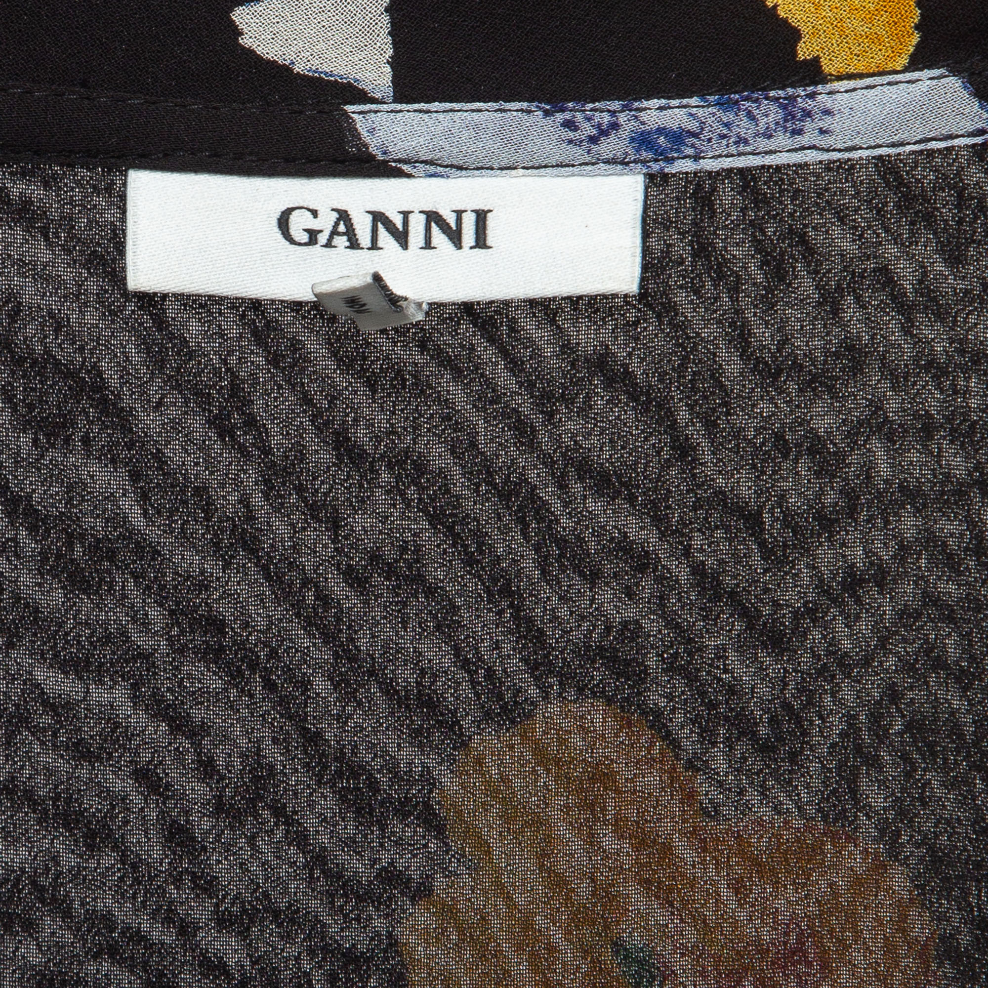 Ganni Black Floral Print Crepe Wrap Midi Dress XS