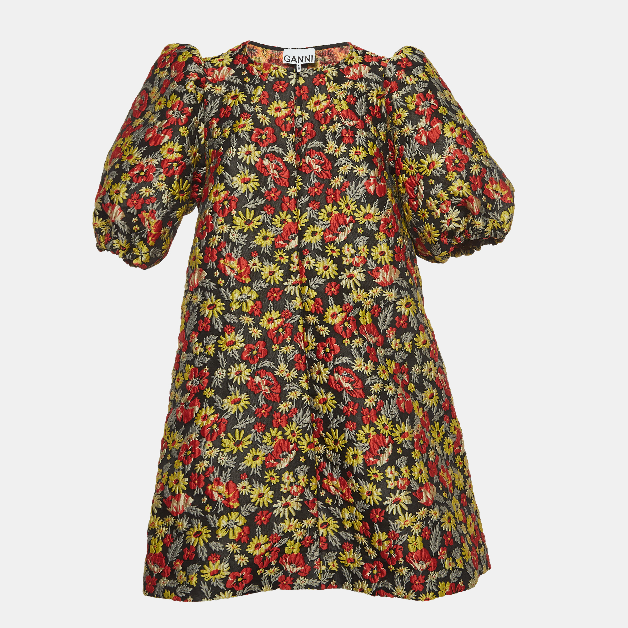 Ganni Multicolor Floral Jacquard Puff-Sleeve Mini Dress S