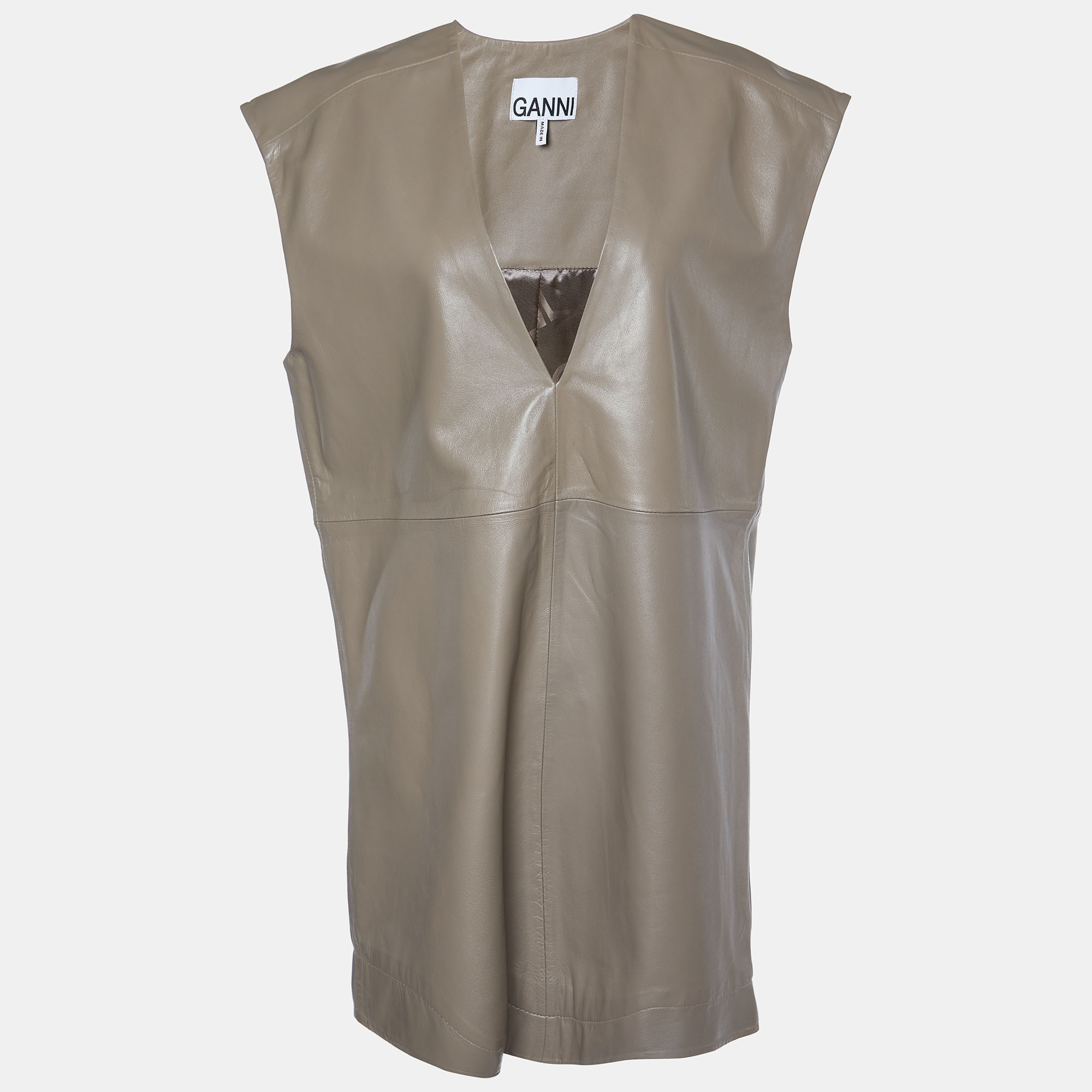 Ganni brown leather sleeveless shift dress m