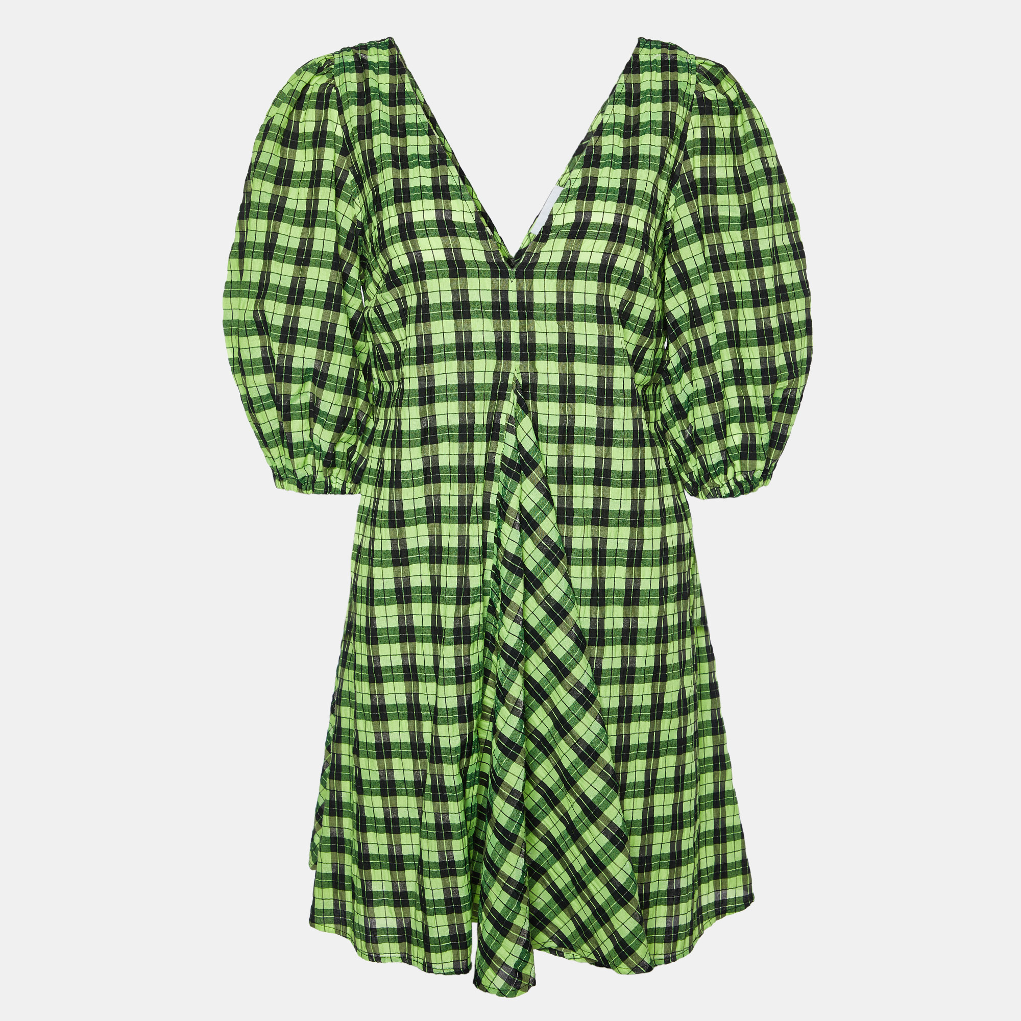 Ganni neon green/black checkered cotton puff sleeve dress xs