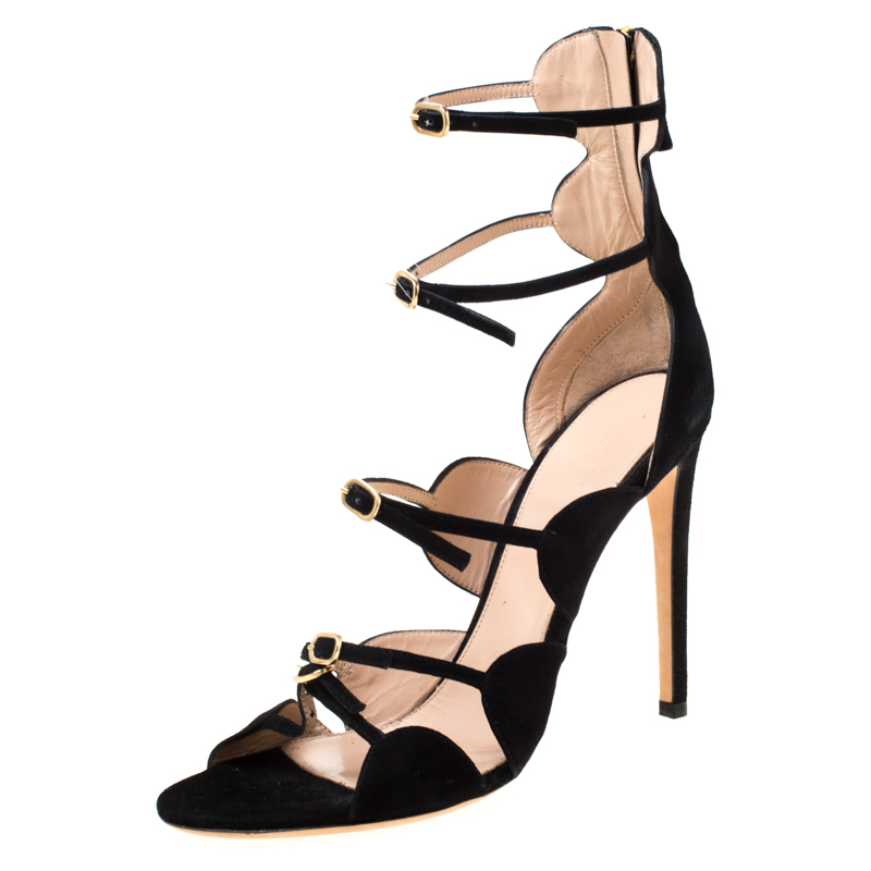 Image of Giambattista Valli Black Suede Open Toe Strappy Cage Sandals Size