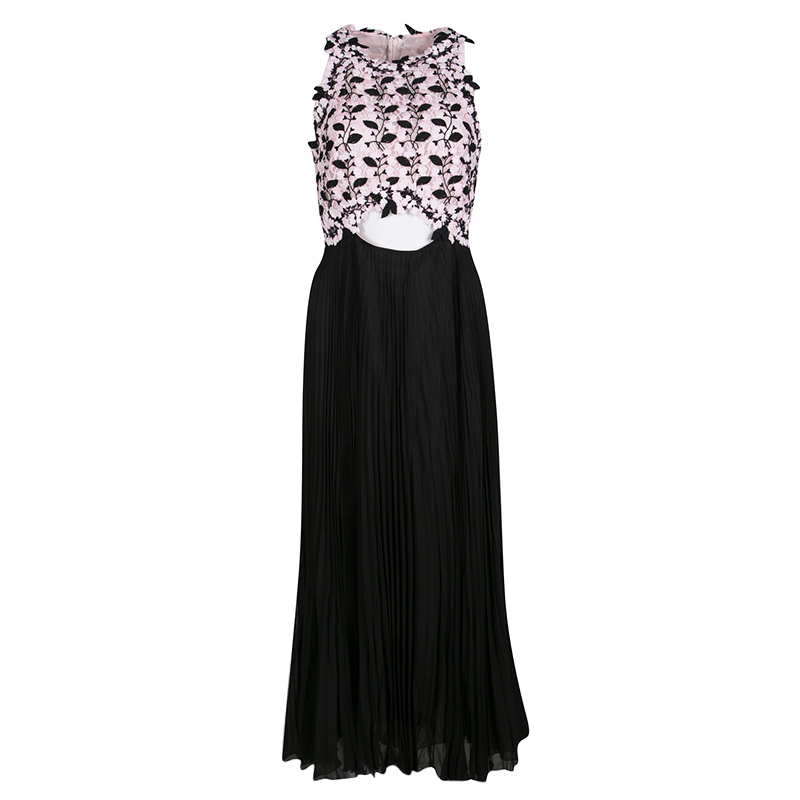 Image of Giambattista Valli Floral Lace Cutout Waist Detail Plisse Maxi Dress M
