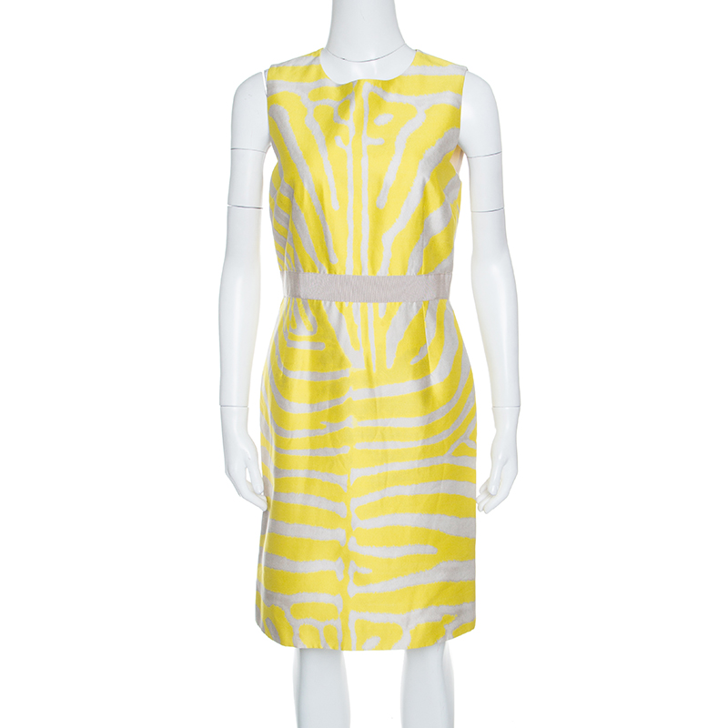 Image of Giambattista Valli Yellow and Grey Zebra Striped Sleeveless Dress S
