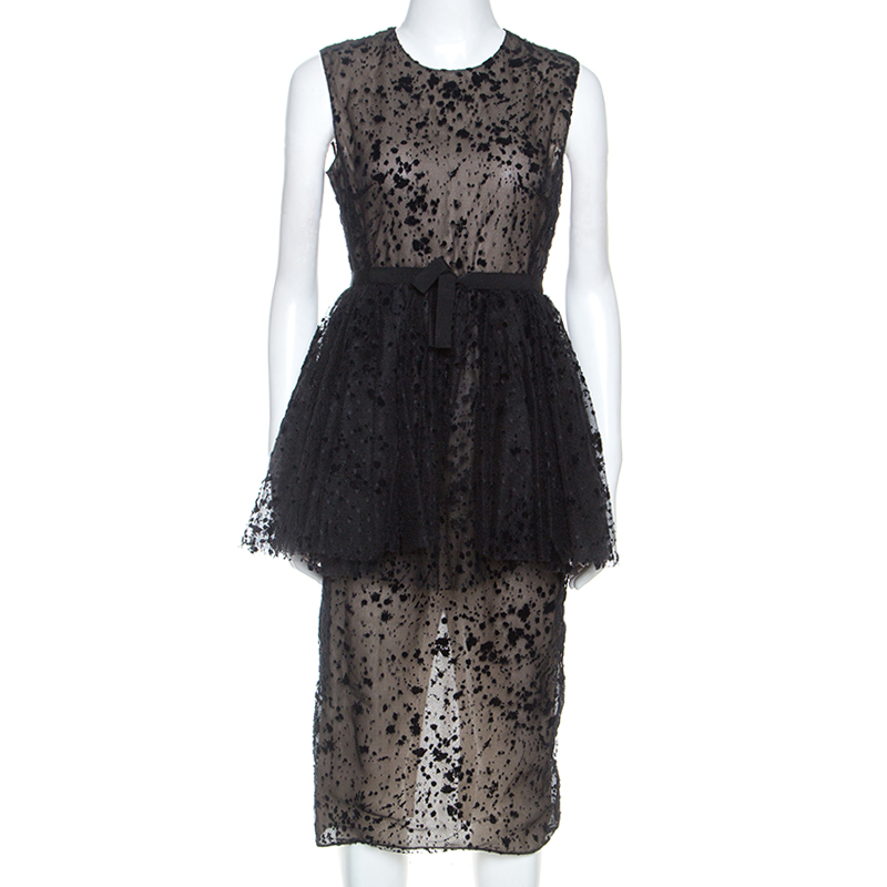 Image of Giambattista Valli Black Tulle Flocked Peplum Midi Dress S