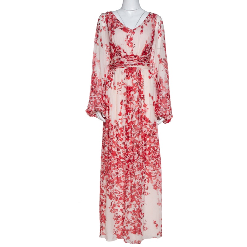 Image of Giambattista Valli Red Abstract Floral Print Crepe Maxi Dress L