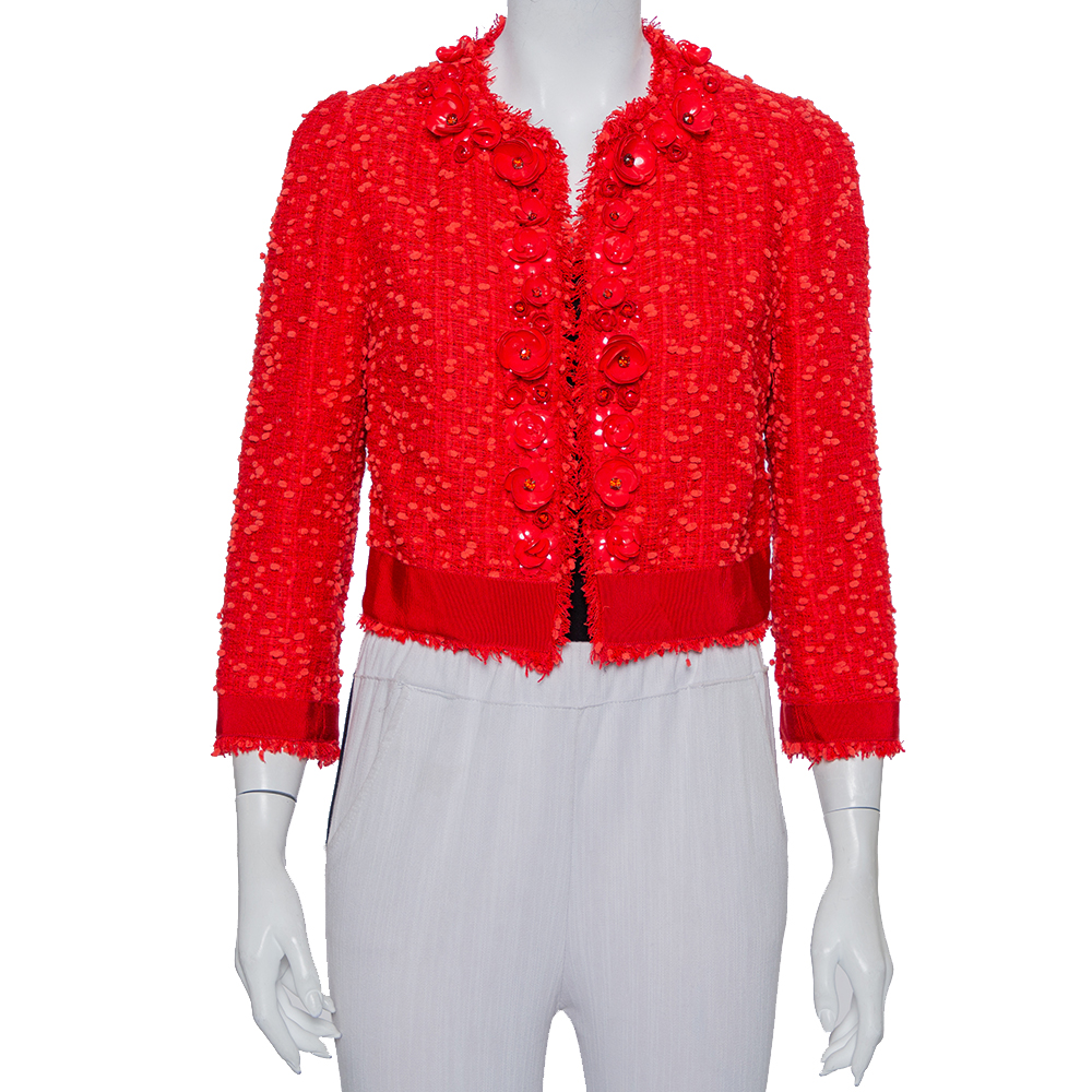 Giambattista Valli Red Floral Embellished Tweed Open Front Shrug M