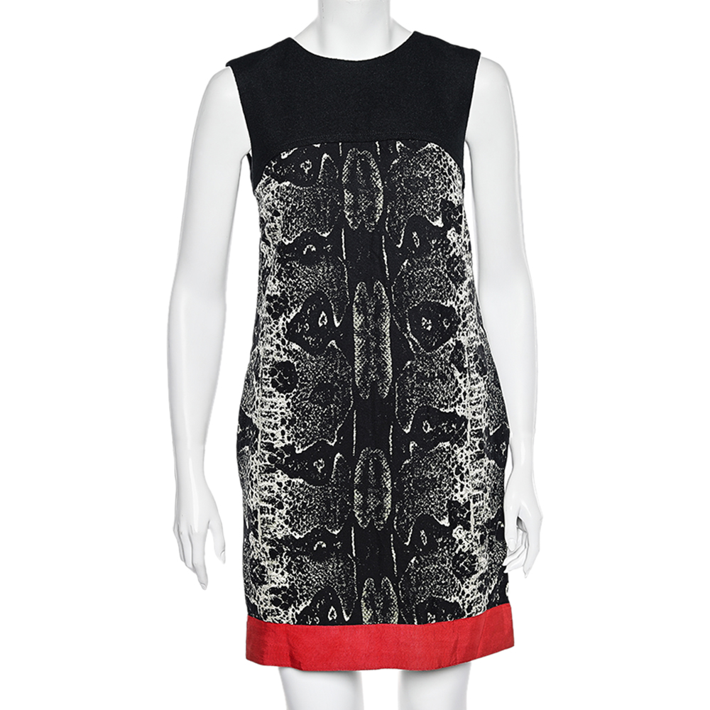 Giambattista valli black printed wool & silk paneled shift dress s