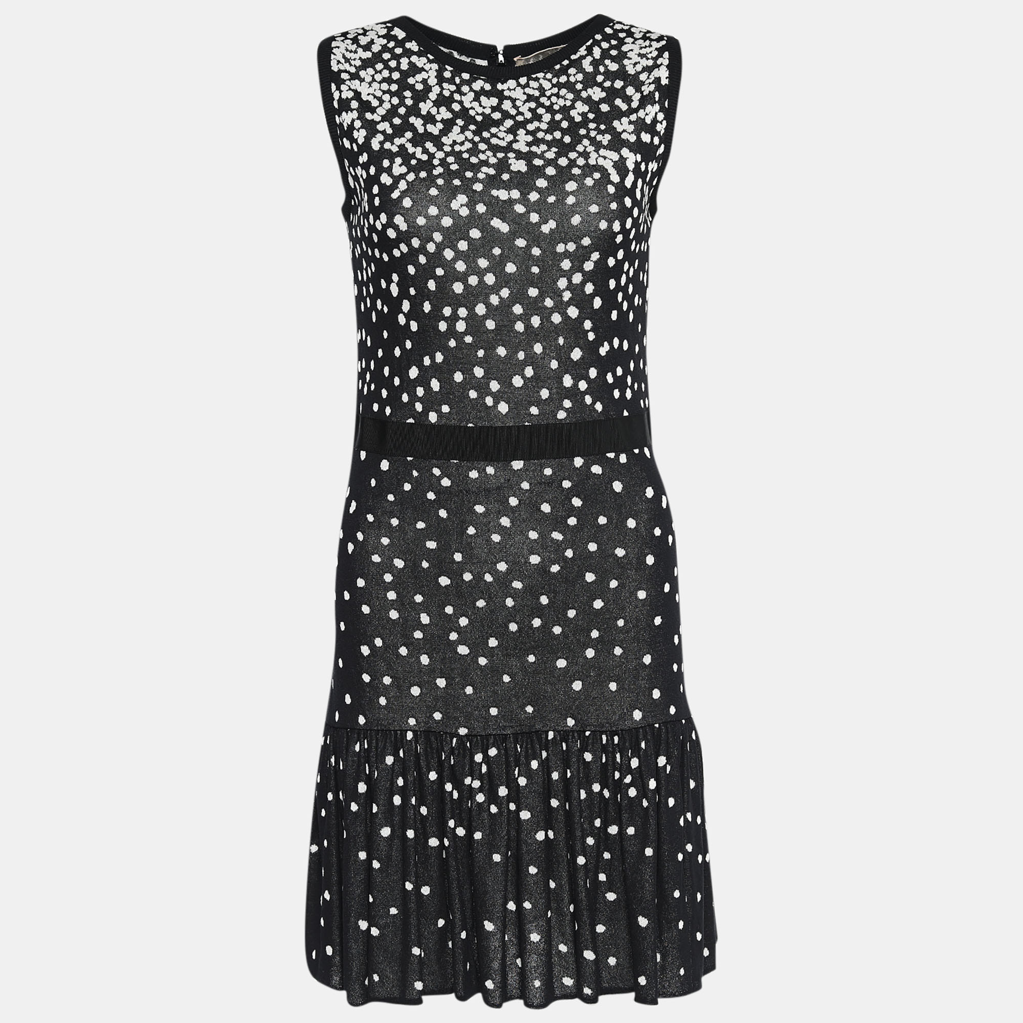 

Giambattista Valli Black and White Polka Printed Knit Flared Hem Detailed Midi Dress