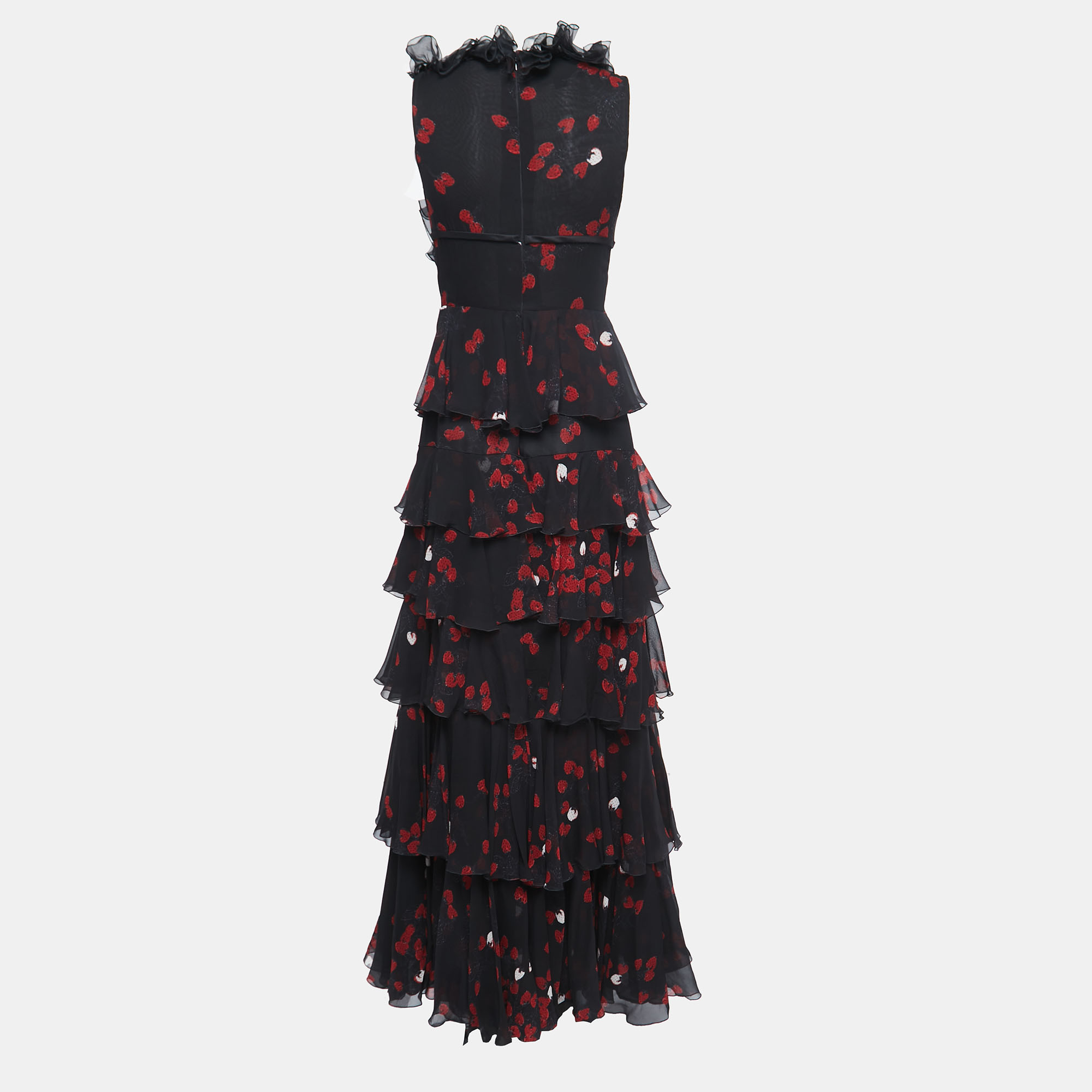

Giambattista Valli Black Strawberry Printed Silk Ruffle Detail Tiered Maxi Dress