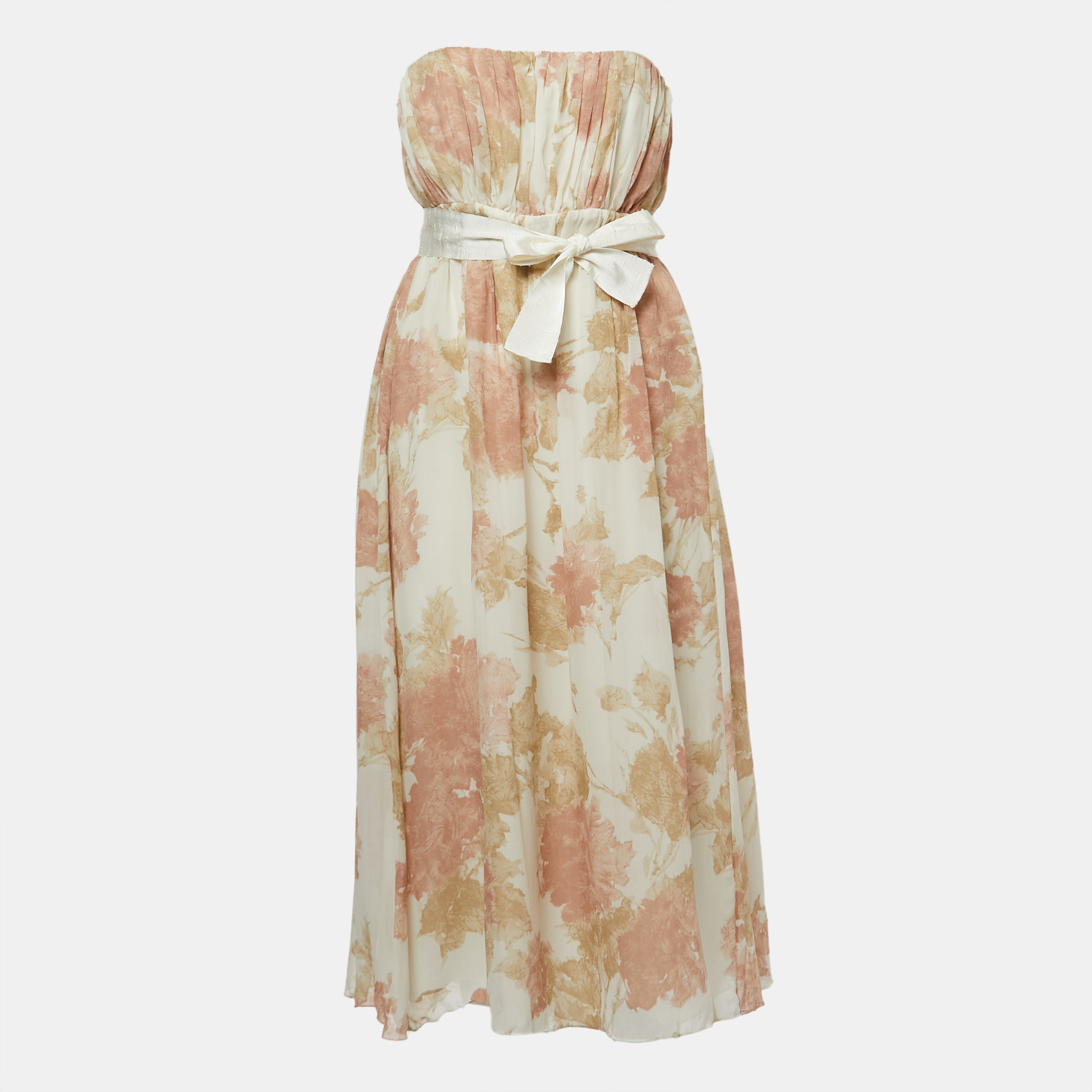 Giambattista Valli Beige Floral Print Silk Corset Detailed Strapless Midi Dress S