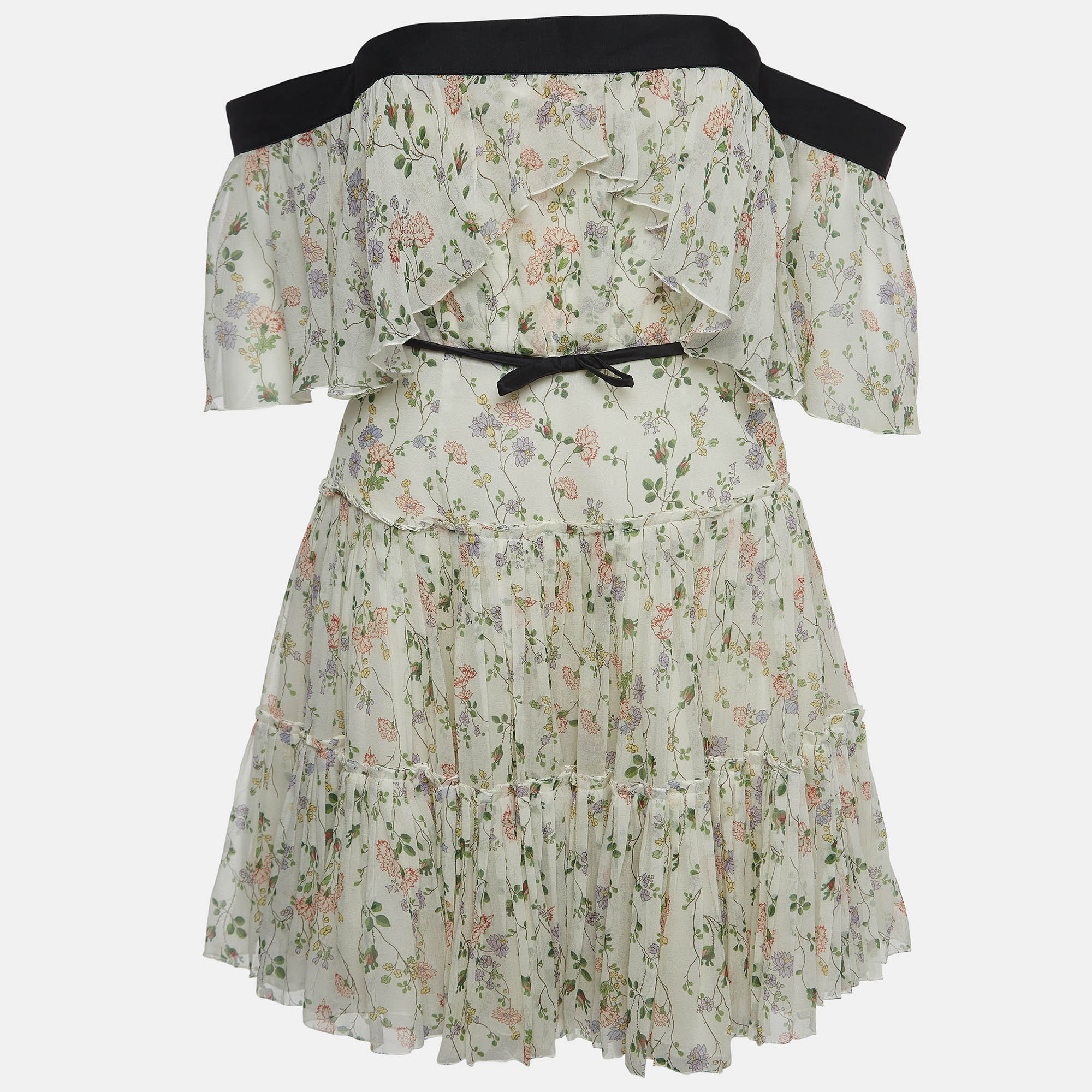 Giambattista Valli White Floral Print Silk Ruffled Mini Off-Shoulder Dress S
