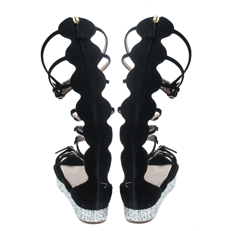 Giambattista Valli Black Suede Glitter Platform Flat Gladiator Sandals Size 38.5